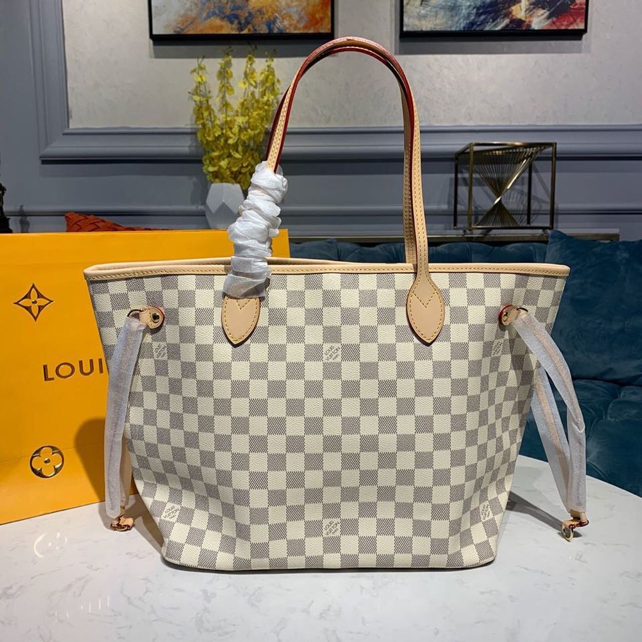 LV Neverfull MM Tote Bag Damier Azur Canvas For Women, WomenÃ¢â‚¬â„¢s Handbags, Shoulder Bags 12.2in/31cm LV N41361