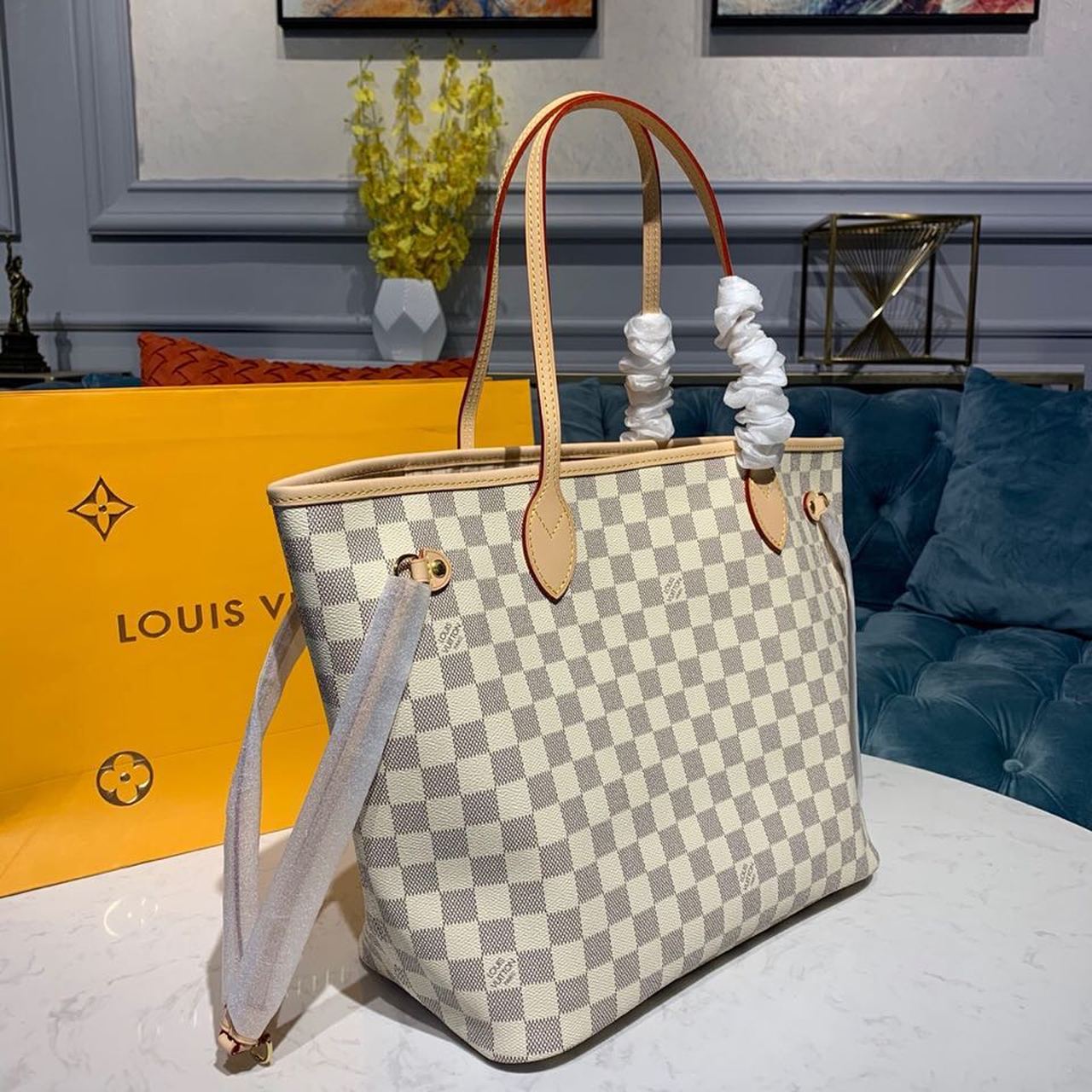 LV Neverfull MM Tote Bag Damier Azur Canvas For Women, WomenÃ¢â‚¬â„¢s Handbags, Shoulder Bags 12.2in/31cm LV N41361