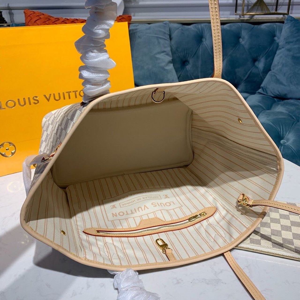 LV Neverfull MM Tote Bag Damier Azur Canvas For Women, WomenÃ¢â‚¬â„¢s Handbags, Shoulder Bags 12.2in/31cm LV N41361