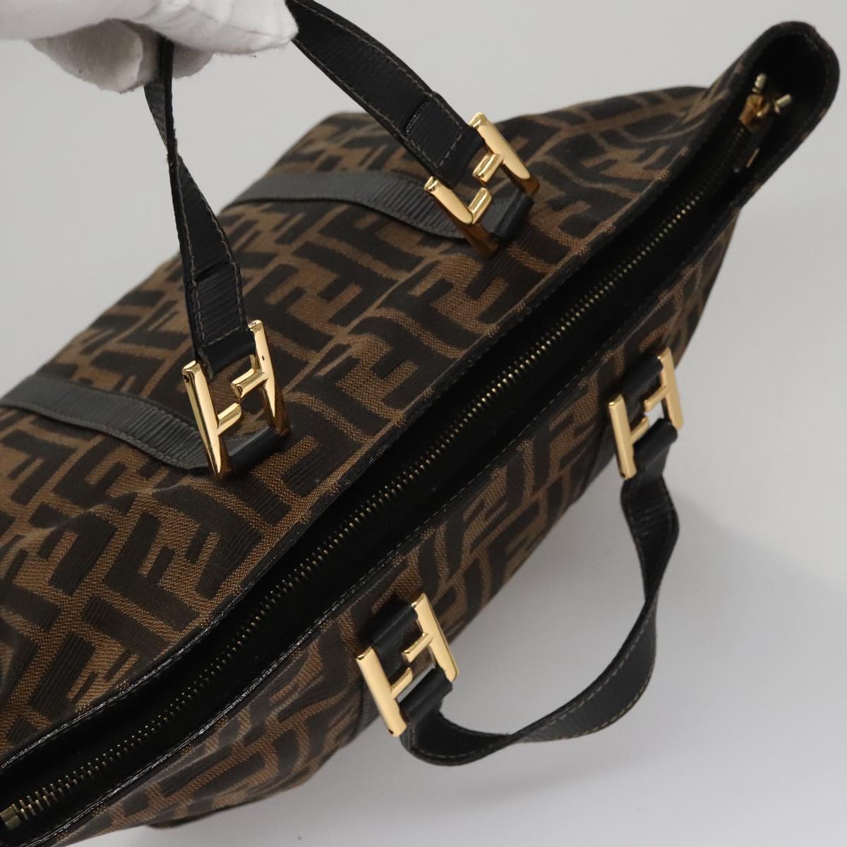 FENDI Zucca Canvas Hand Bag Brown Black gold 109153