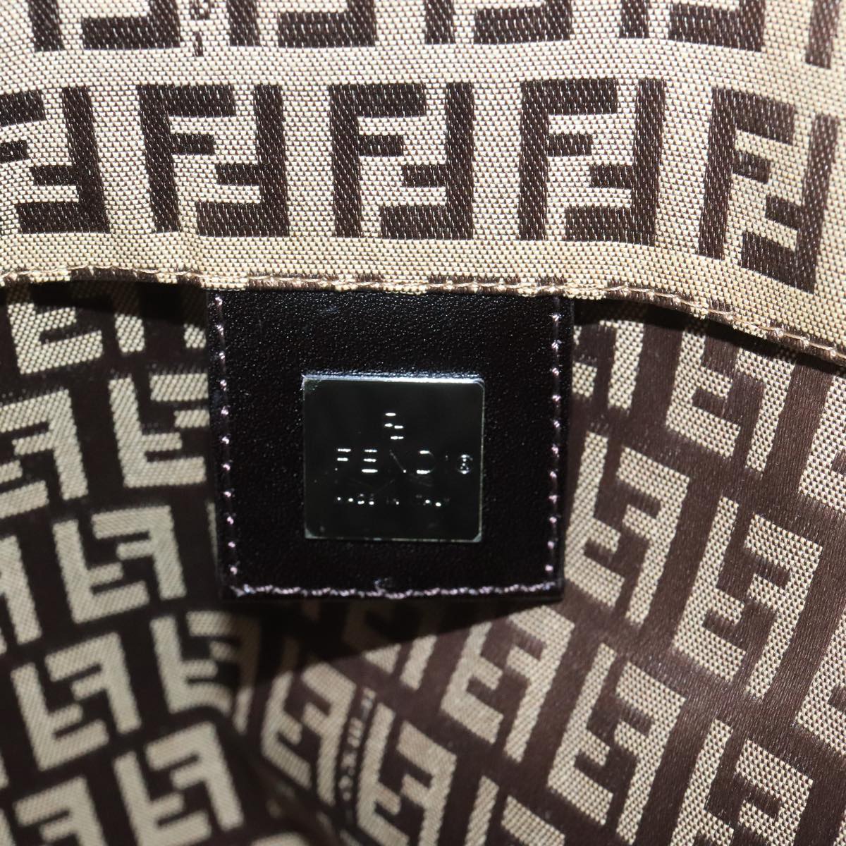 FENDI Zucchino Canvas Tote Bag Beige Brown Silver 109192