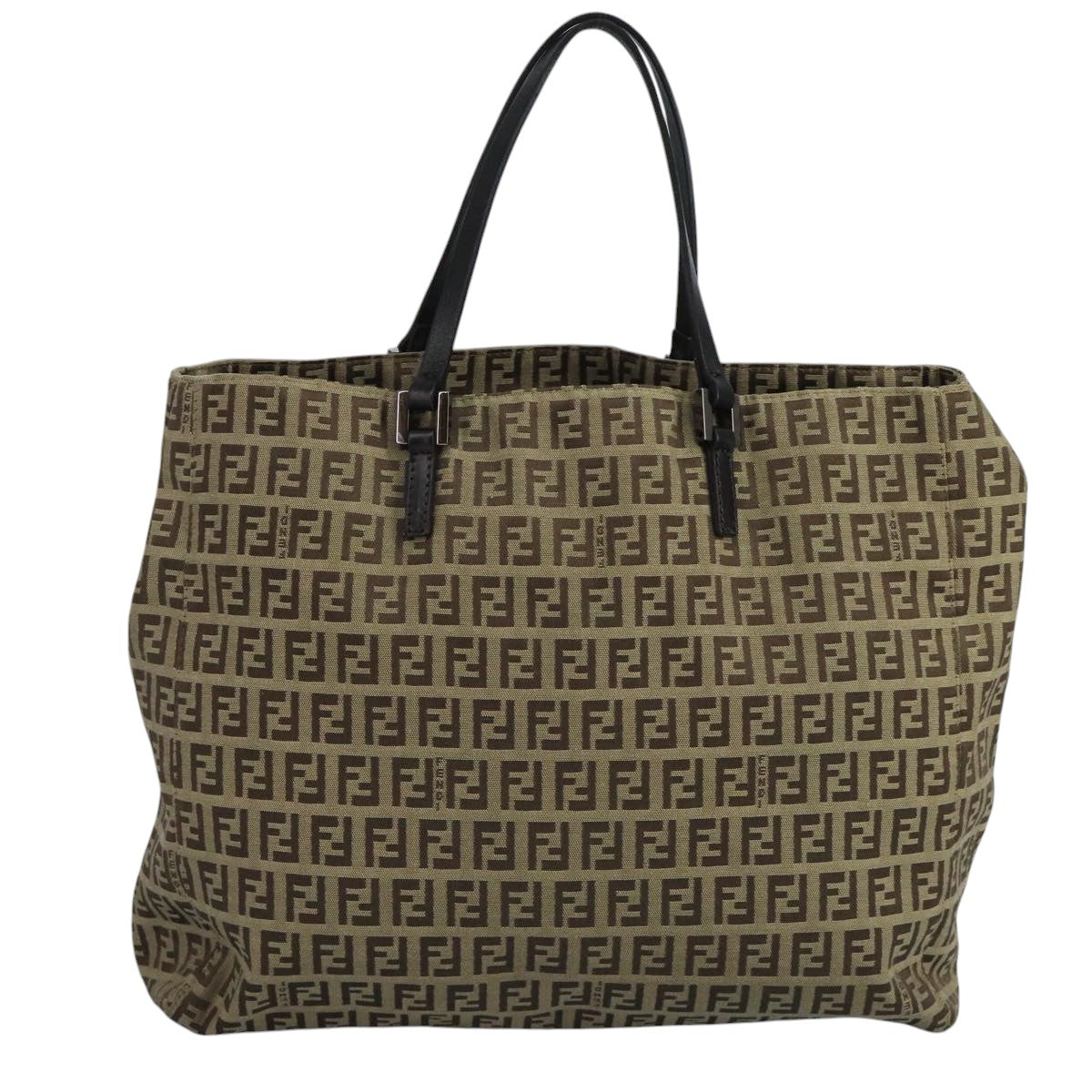 FENDI Zucchino Canvas Tote Bag Beige Brown Silver 109192