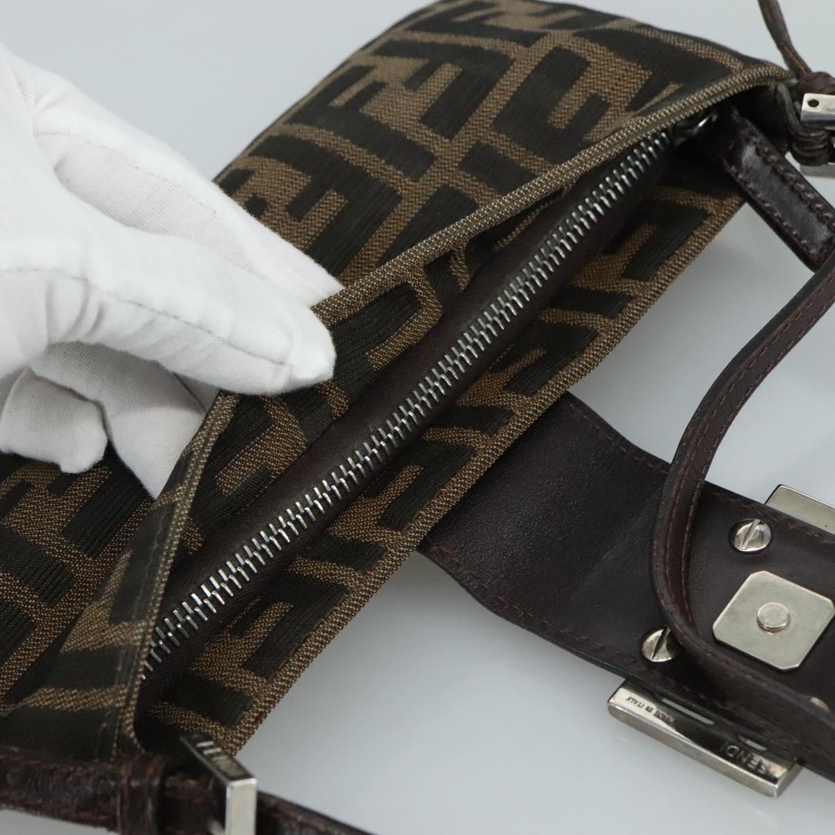 FENDI Zucca Canvas Mamma Baguette Shoulder Bag Brown Black Silver 109322
