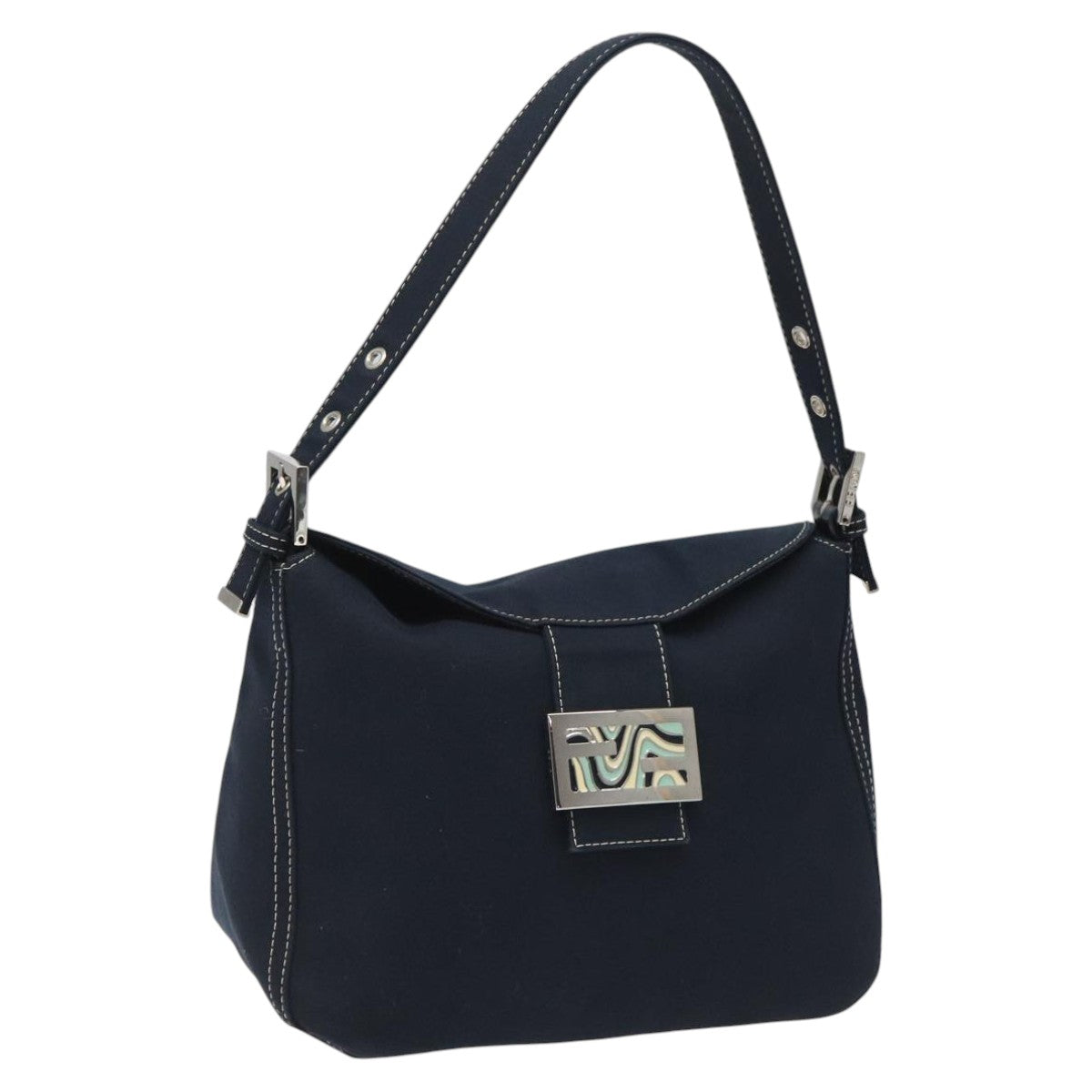 FENDI Mamma Baguette Shoulder Bag Canvas Navy 110912