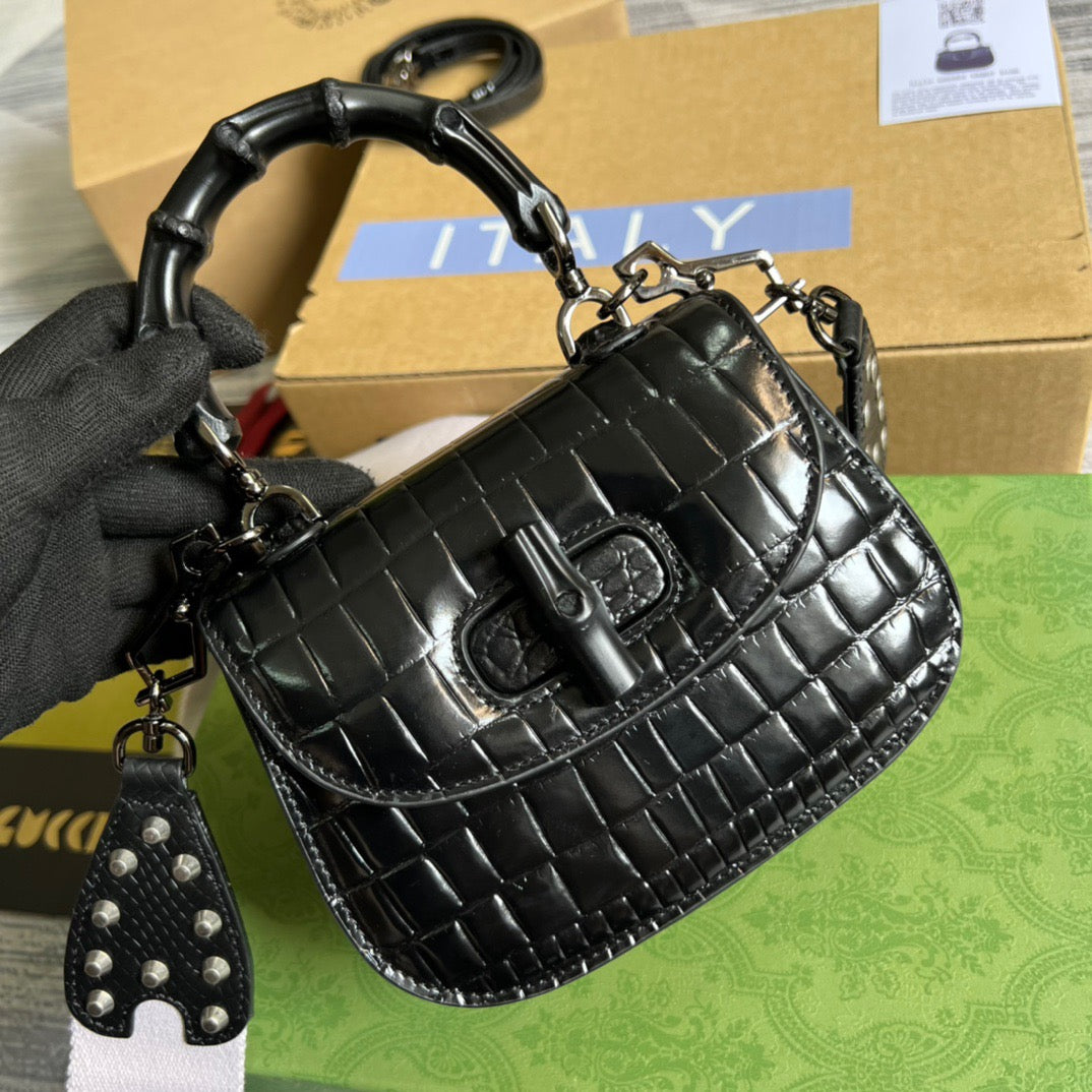 gg Bamboo 1947 Crocodile Mini Top Handle Blac Red For Women, Women’s Bags 6.7in/17cm gg