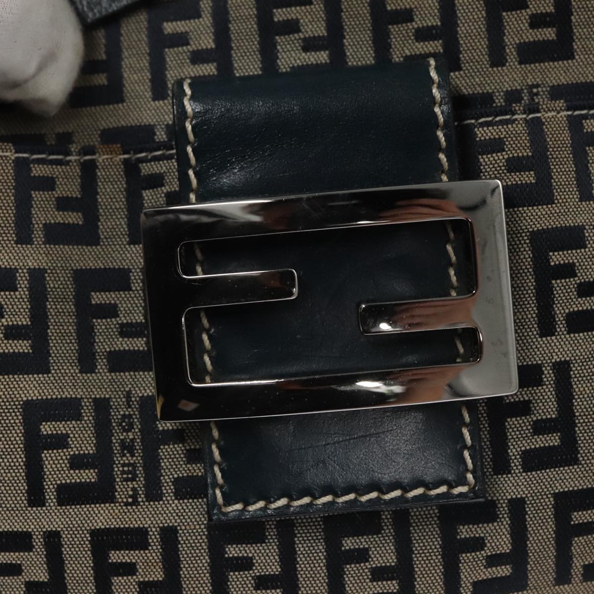 FENDI Zucchino Canvas Mamma Baguette Shoulder Bag Navy Silver 111785