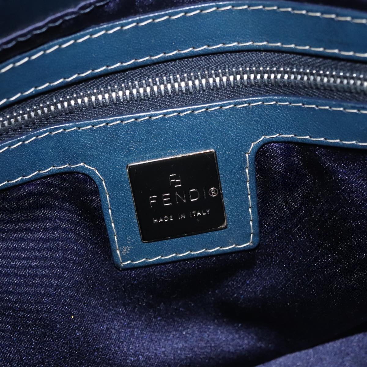 FENDI Zucchino Canvas Mamma Baguette Shoulder Bag Navy Silver 111785