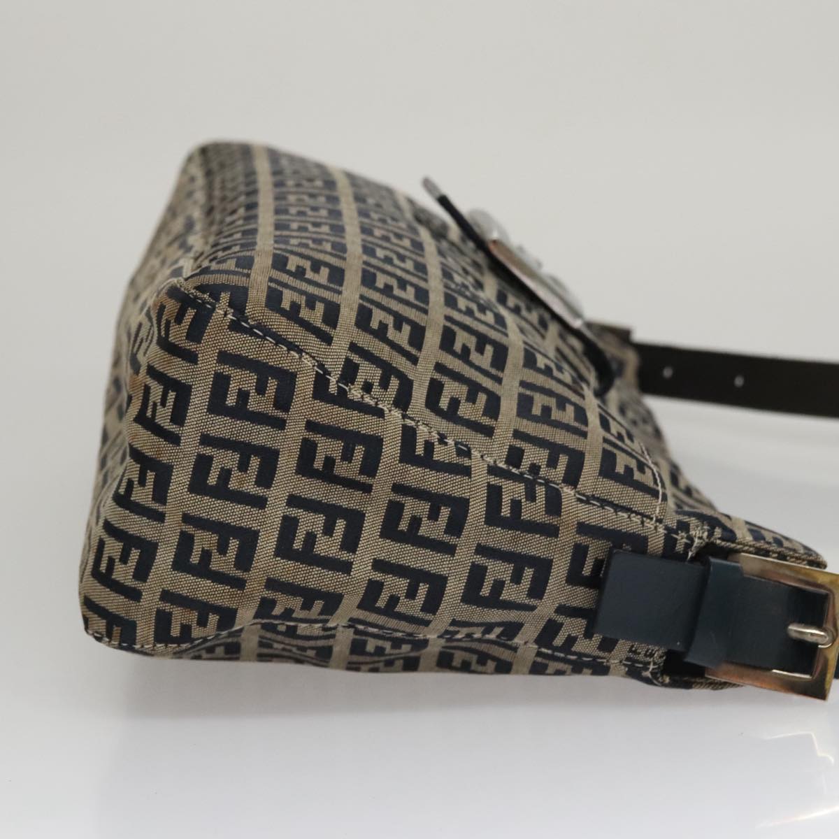 FENDI Zucchino Canvas Mamma Baguette Shoulder Bag Navy Silver 111785