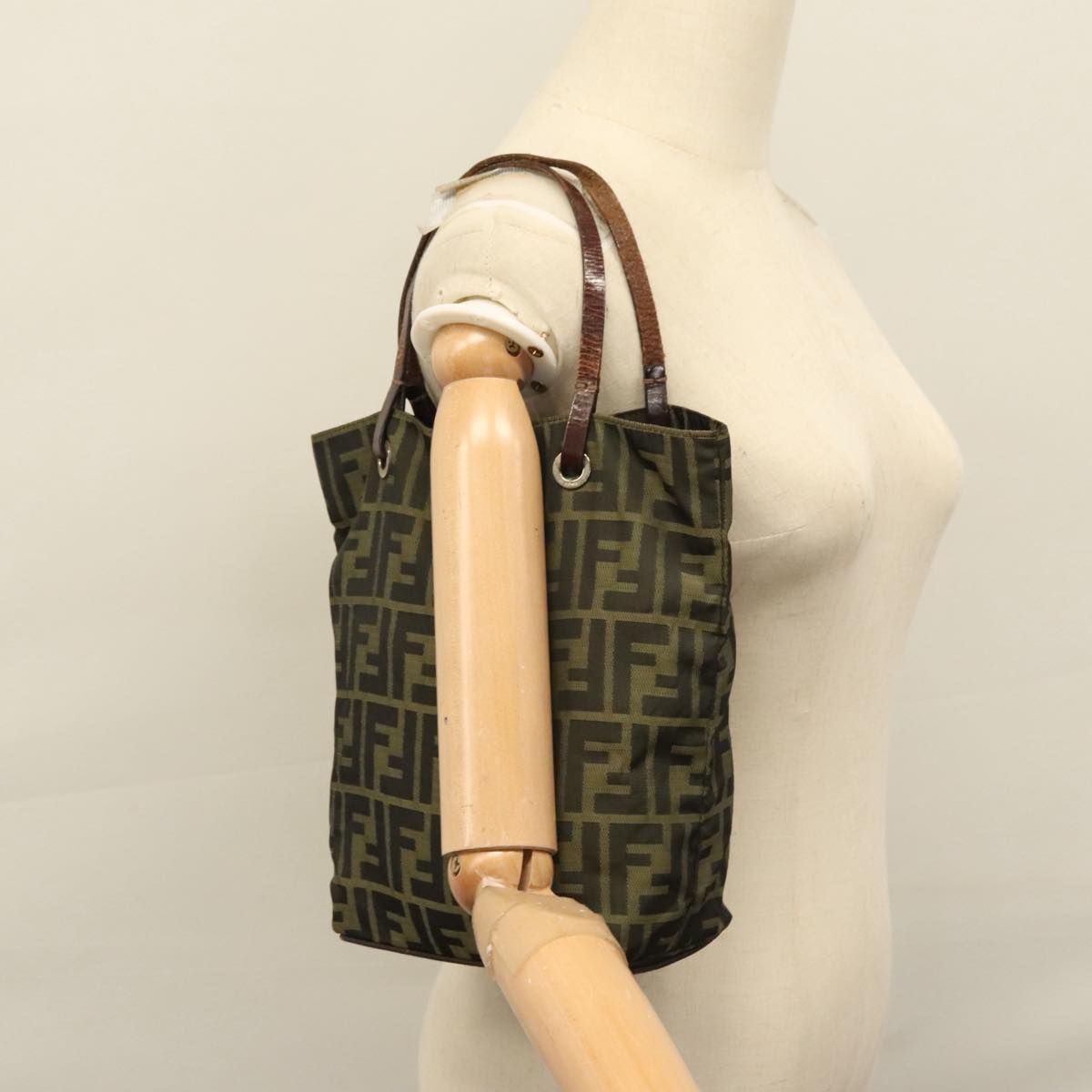 FENDI Zucca Canvas Hand Bag Nylon Black Khaki Silver 111882
