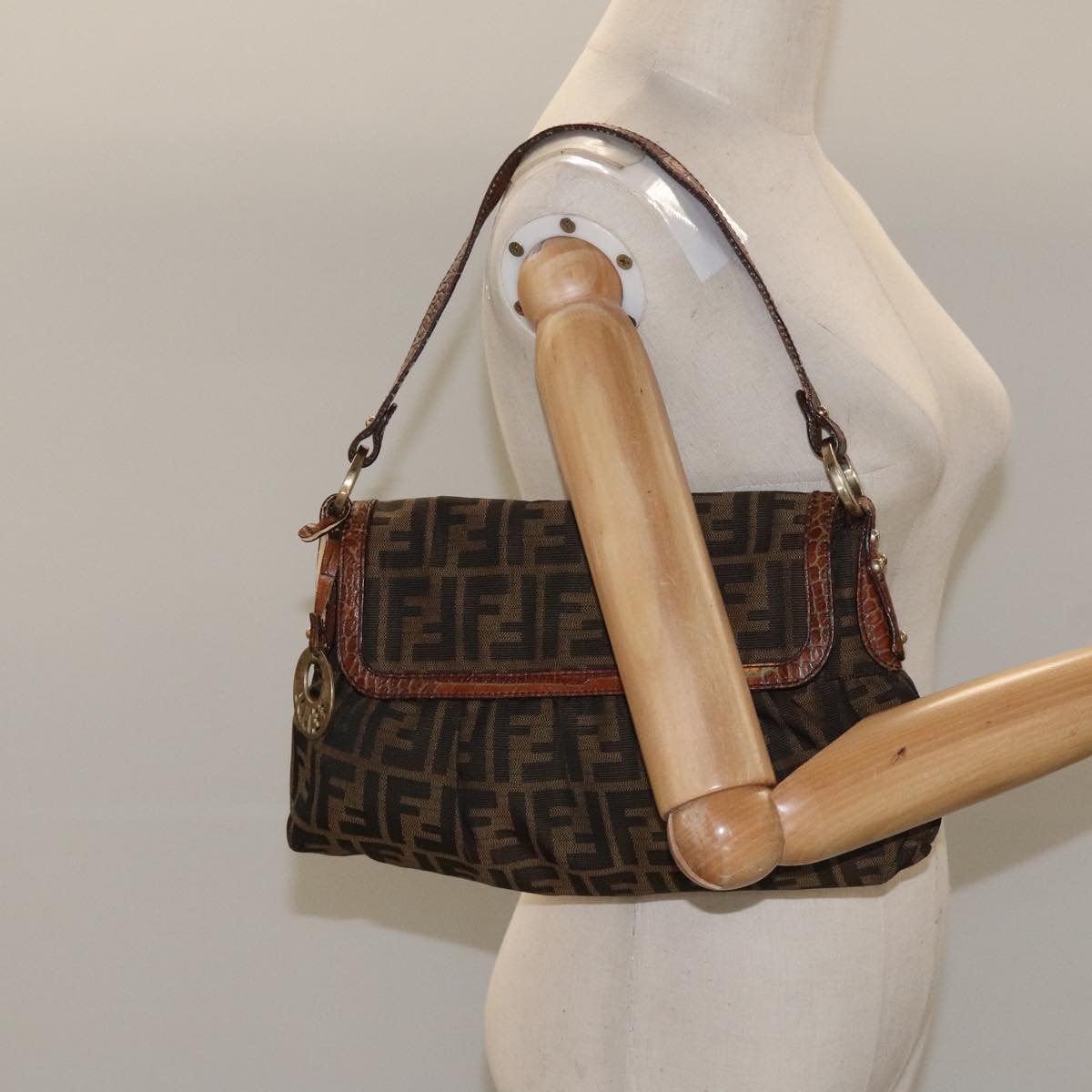 FENDI Zucca Canvas Shoulder Bag Brown Black gold 111883