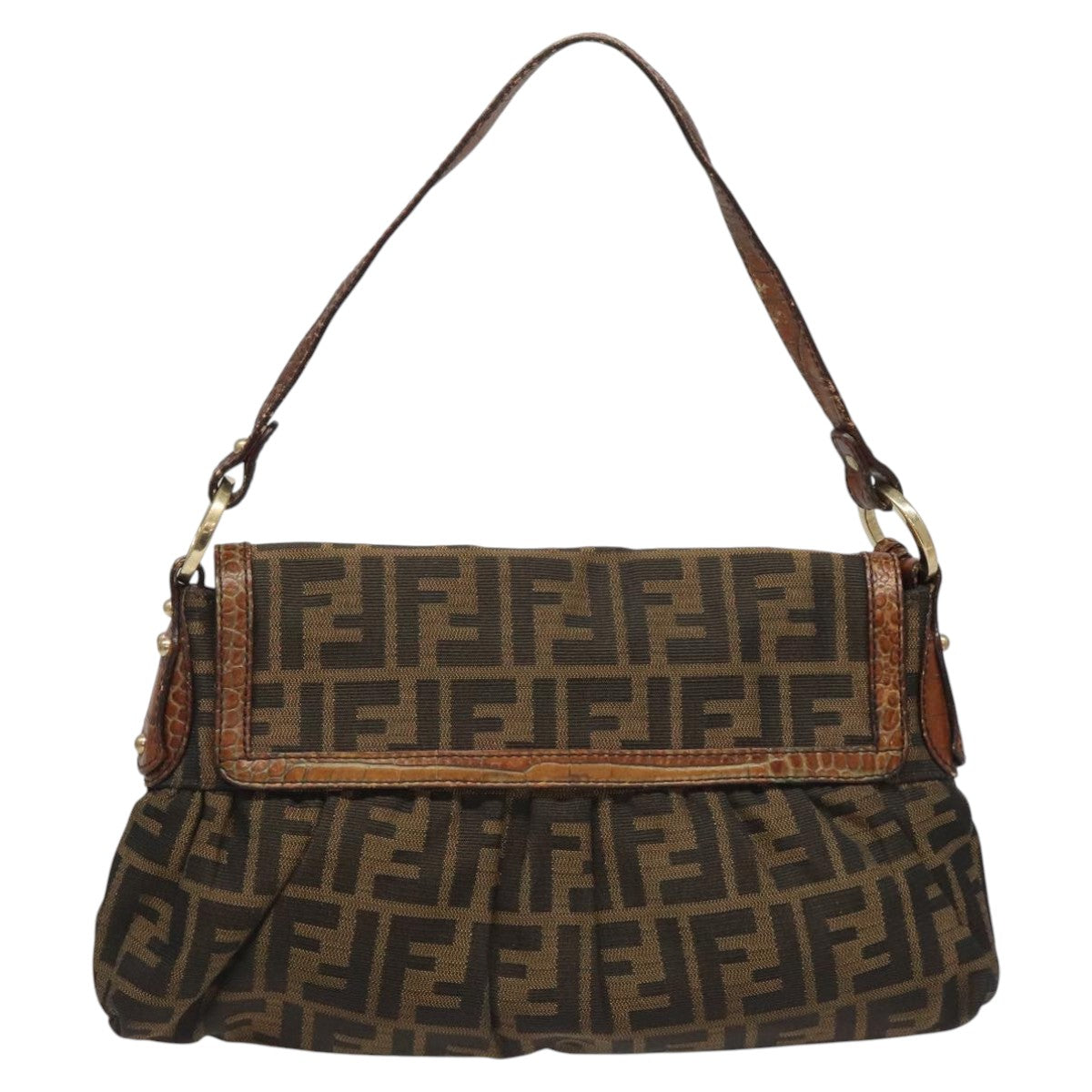 FENDI Zucca Canvas Shoulder Bag Brown Black gold 111883
