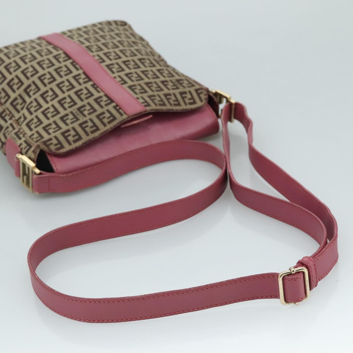 FENDI Zucchino Canvas Shoulder Bag Beige Gold 112386