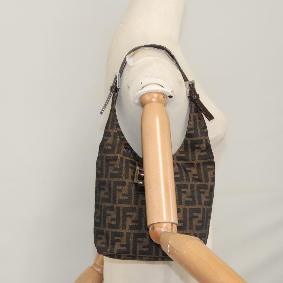 FENDI Zucca Canvas Mamma Baguette Shoulder Bag Brown Black Silver 112458