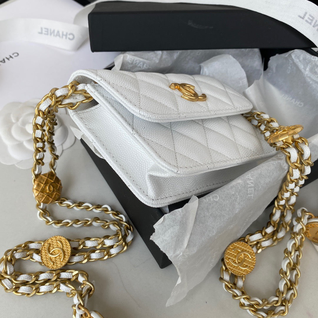 CHL Clutch With Chain Gold Hardware Grained Shinny White For Women Handbags, Shoulder Bags 4.7in/12cm AP2857
