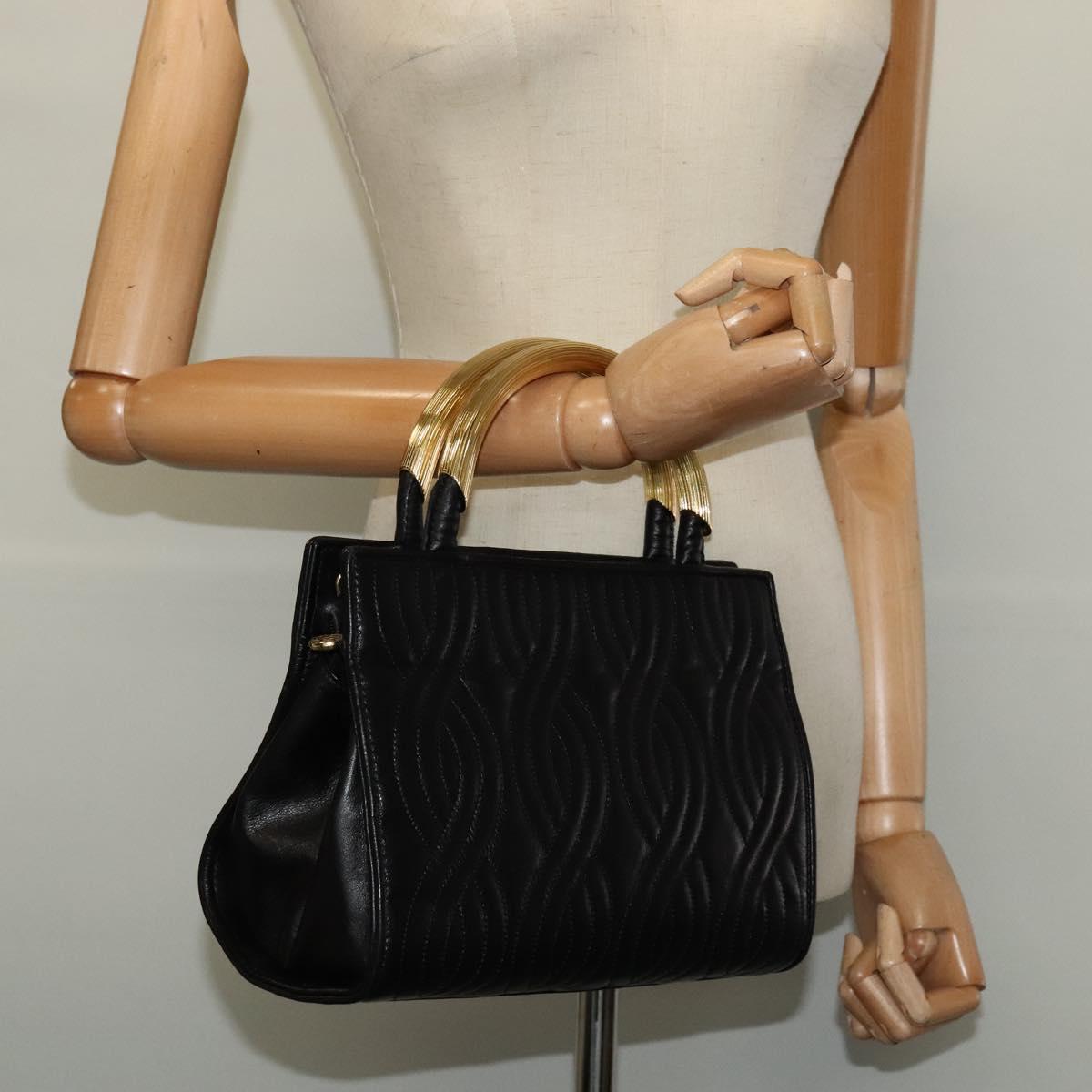 FENDI Hand Bag Leather Metal Black Gold 114362