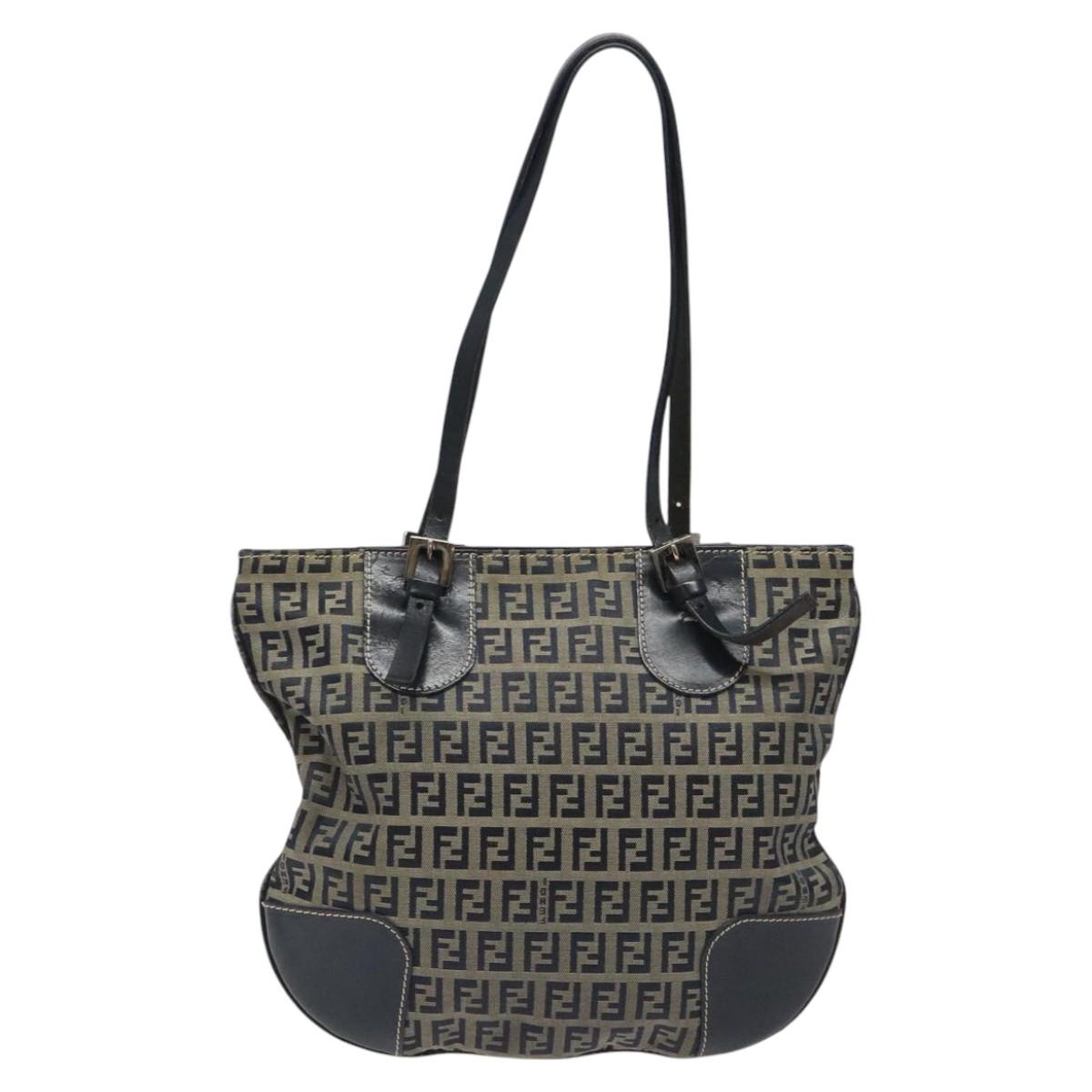 FENDI Zucchino Canvas Hand Bag Navy Silver 115520