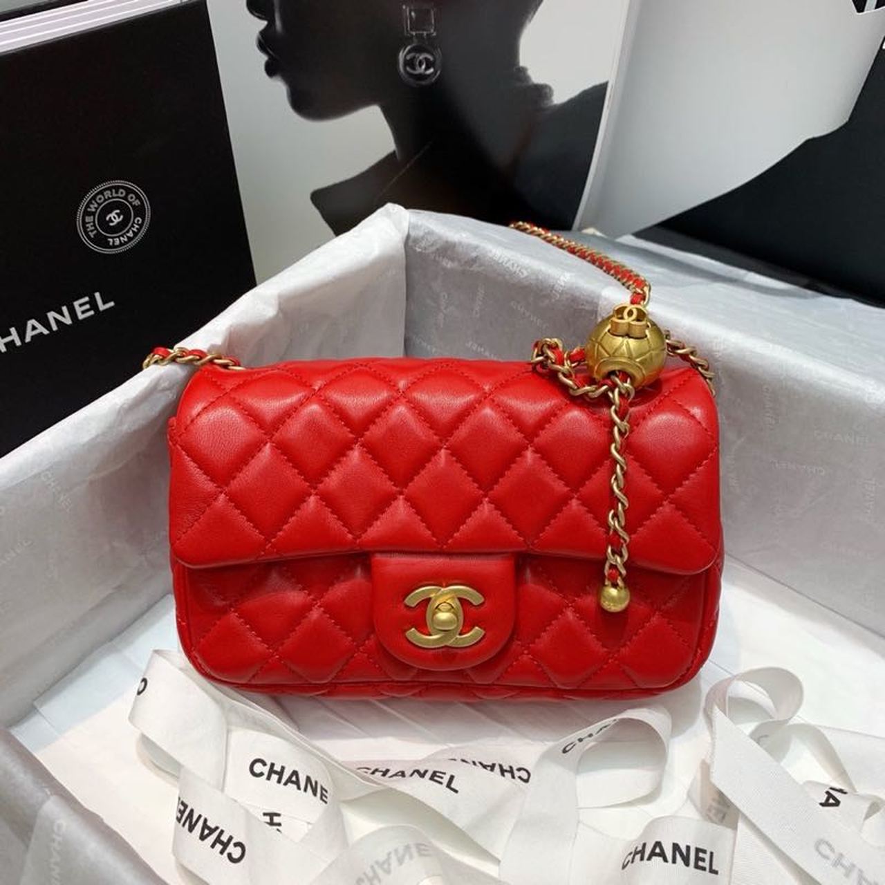 CHLGlamIap Bag With CHLBall On Strap Red For Women Handbags, Shoulder And Crossbody Bags 7.8in/20cm AS1787