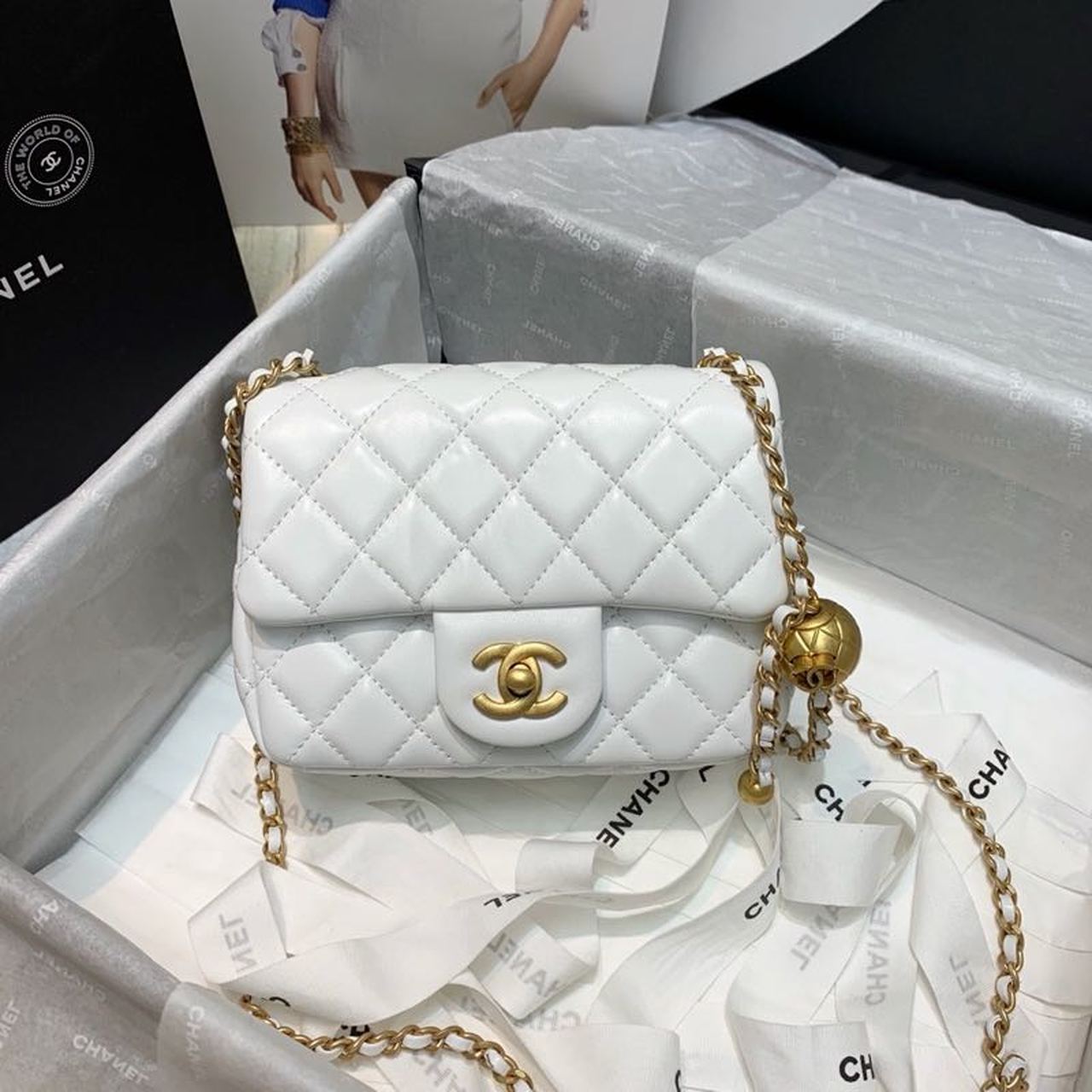 CHLMini GlamIap Bag With CHLBall On Strap White For Women Handbags, Shoulder And Crossbody Bags 6.7in/17cm AS1786