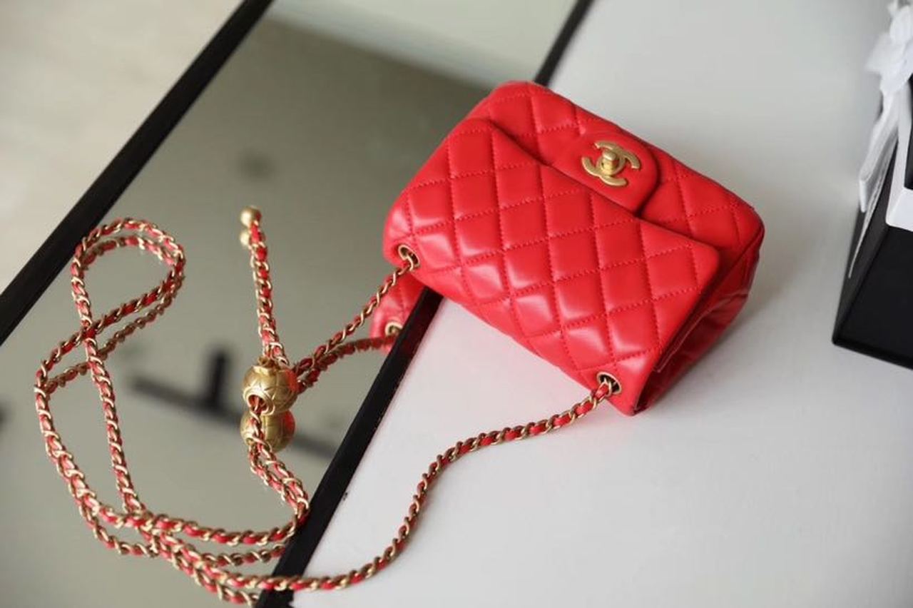 CHLMini GlamIap Bag With CHLBall On Strap Red For Women Handbags, Shoulder And Crossbody Bags 6.7in/17cm AS1786