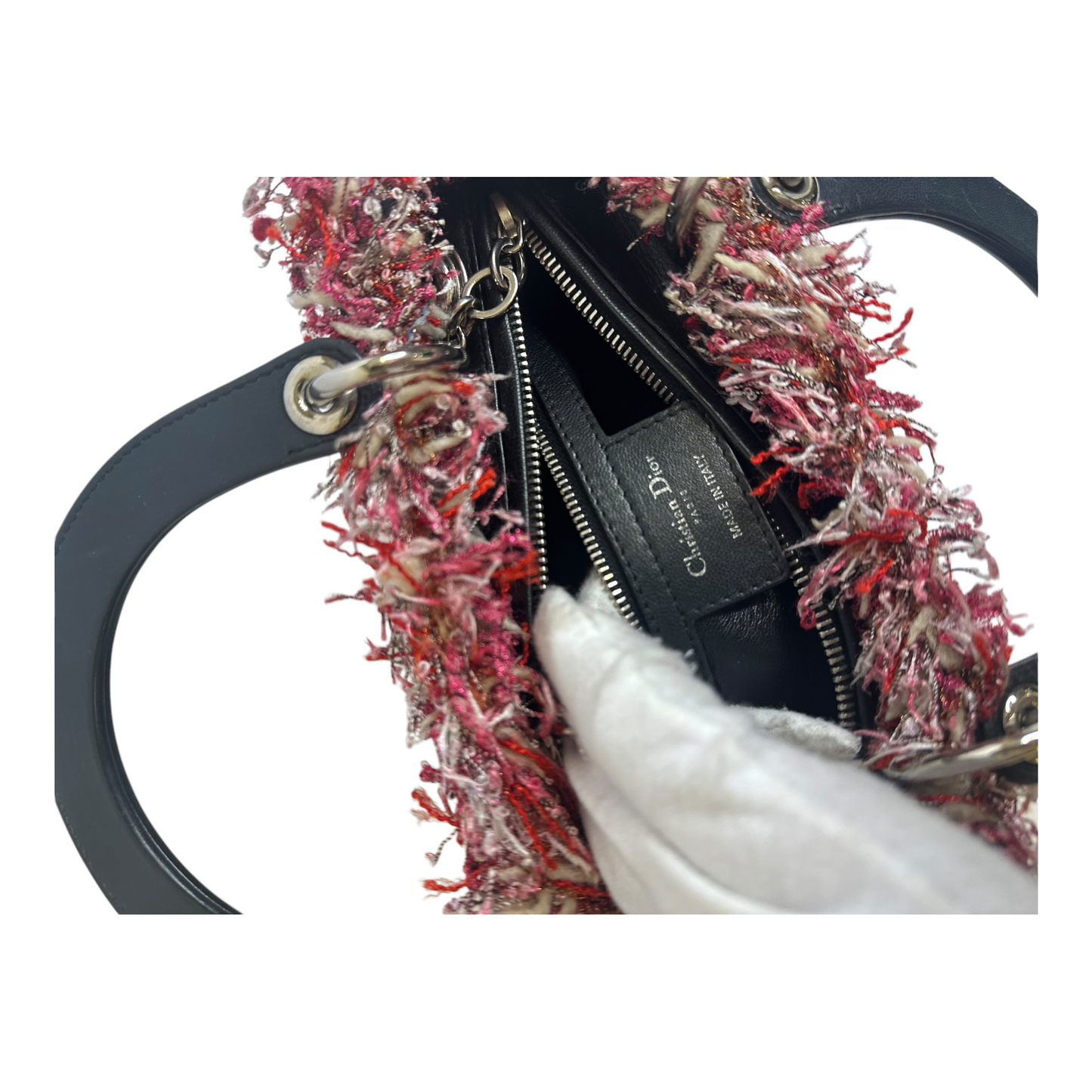 Christian Dior Tweed Fringe Cannage Embroidered Medium Lady Dior Pink Black Multicolor