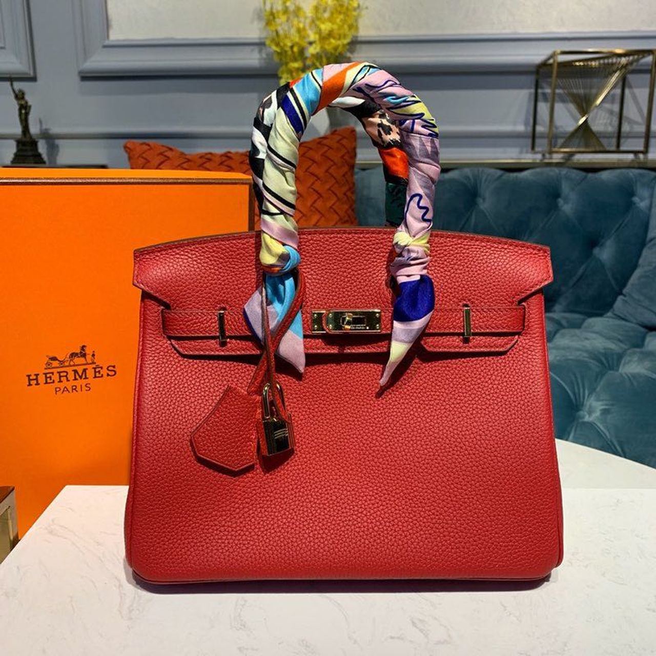 GLAMI Birkin Red Semi Handstitched With Gold Toned Hardware For Women 30cm/11.8in