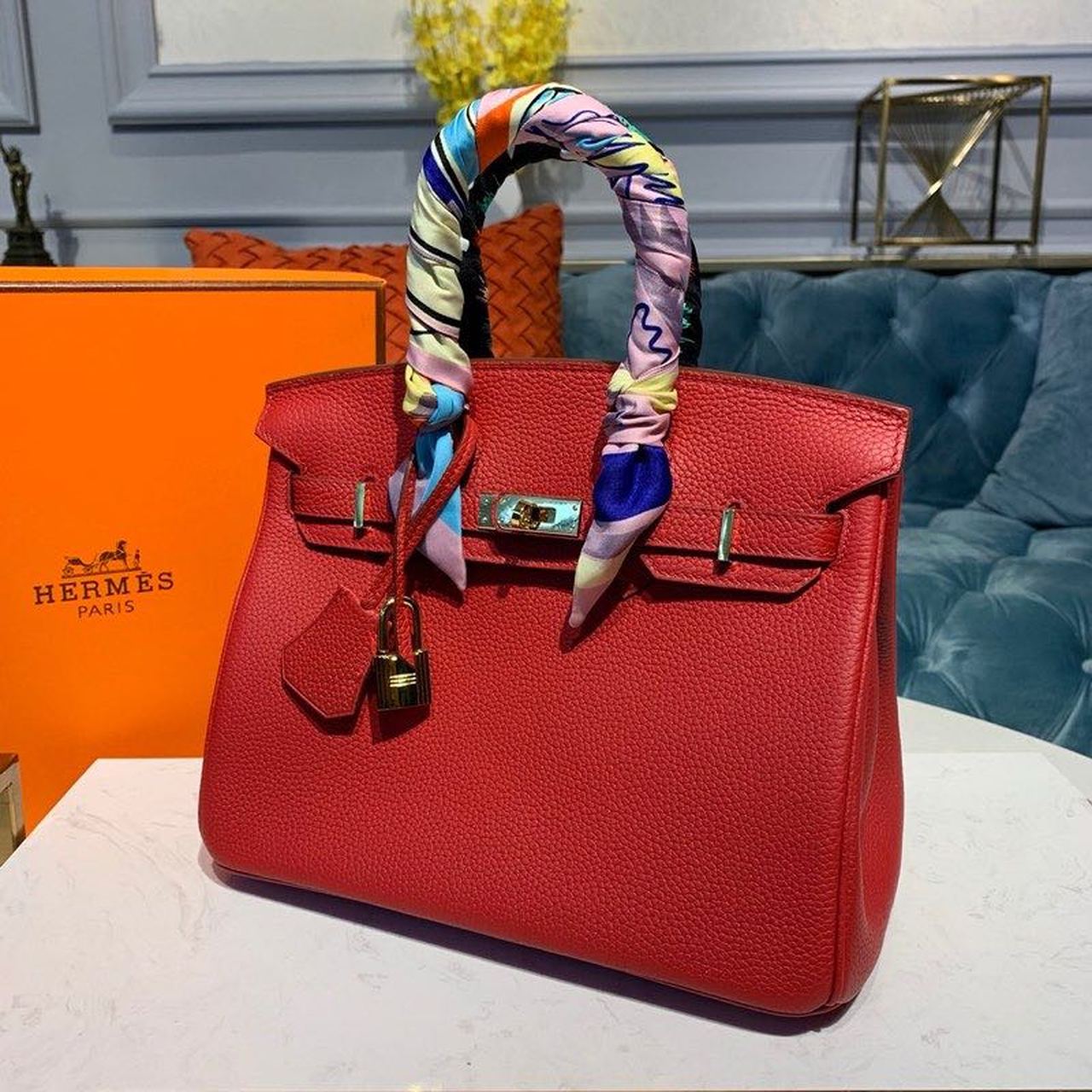 GLAMI Birkin Red Semi Handstitched With Gold Toned Hardware For Women 30cm/11.8in