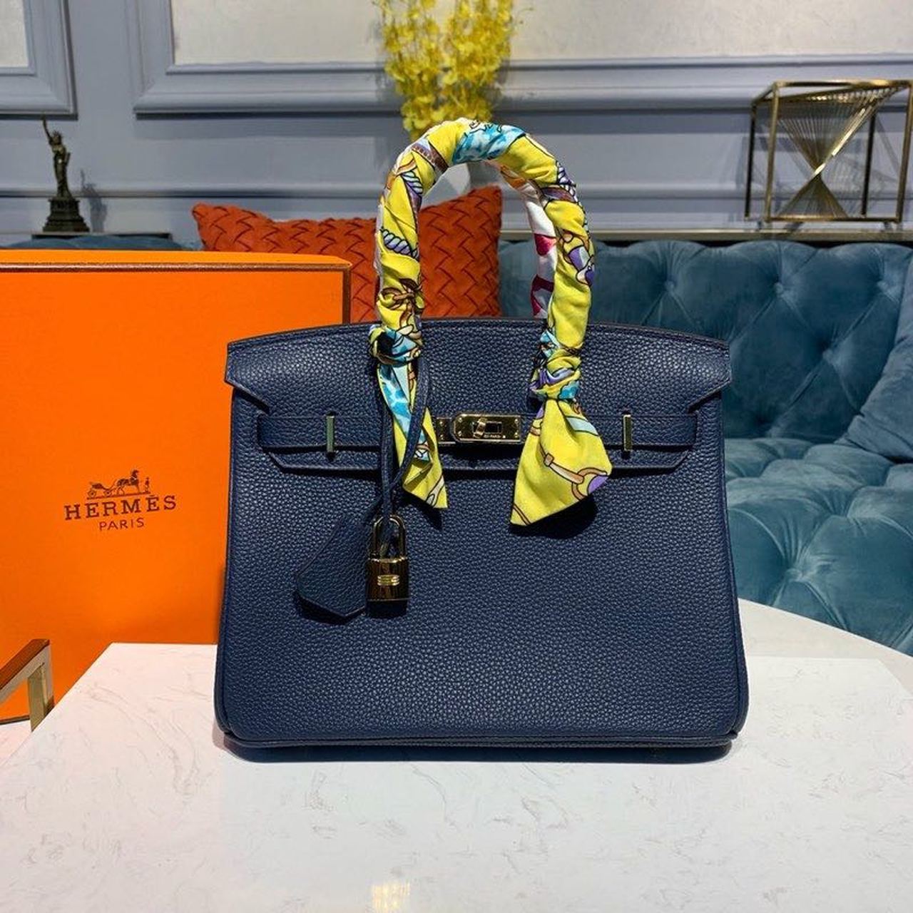 GLAMI Birkin Dark Blue Semi Handstitched With Gold Toned Hardware For Women 30cm/11.8in
