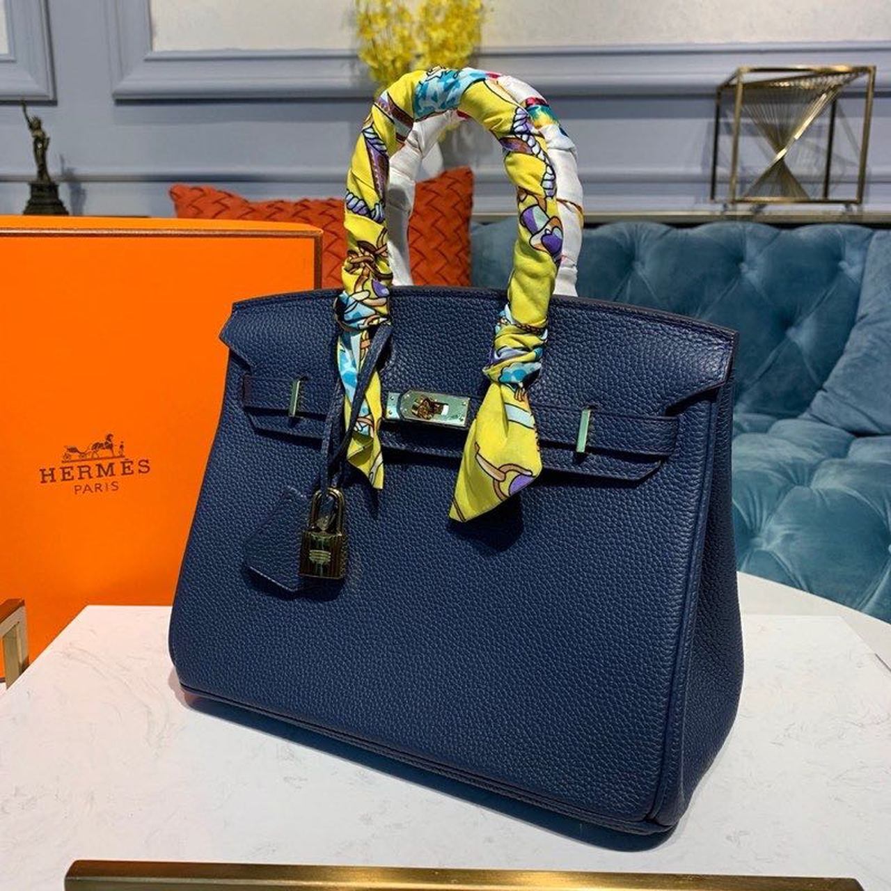 GLAMI Birkin Dark Blue Semi Handstitched With Gold Toned Hardware For Women 30cm/11.8in