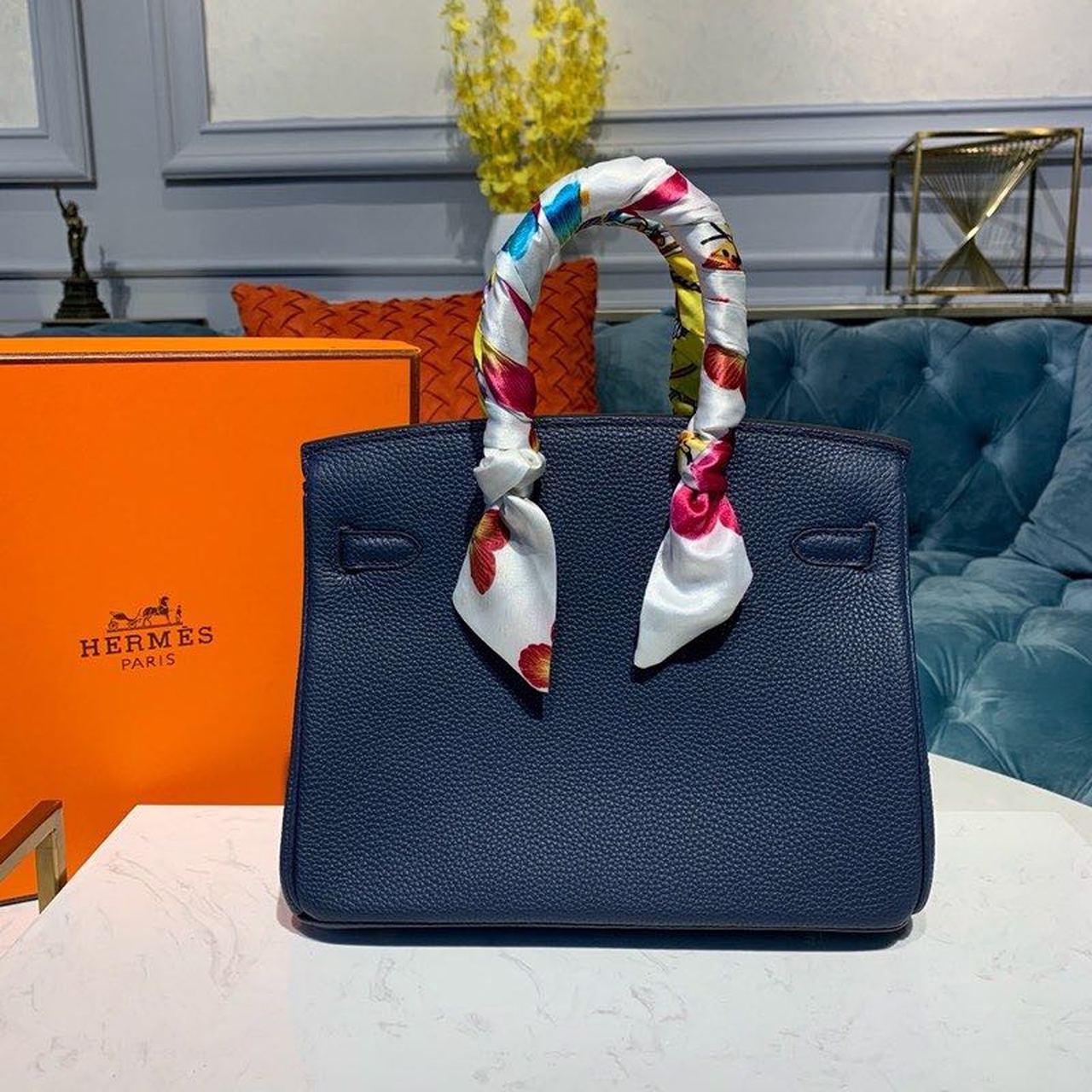 GLAMI Birkin Dark Blue Semi Handstitched With Gold Toned Hardware For Women 30cm/11.8in