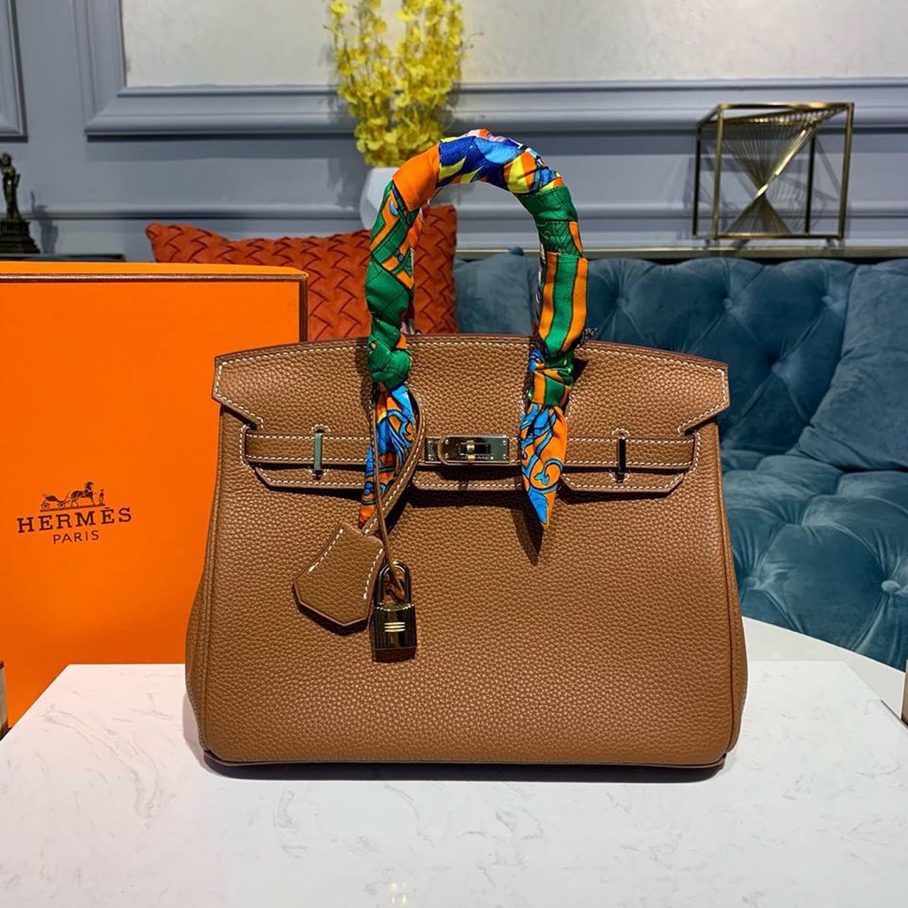 GLAMI Birkin Brown Semi Handstitched With Gold Toned Hardware For Women 30cm/11.8in