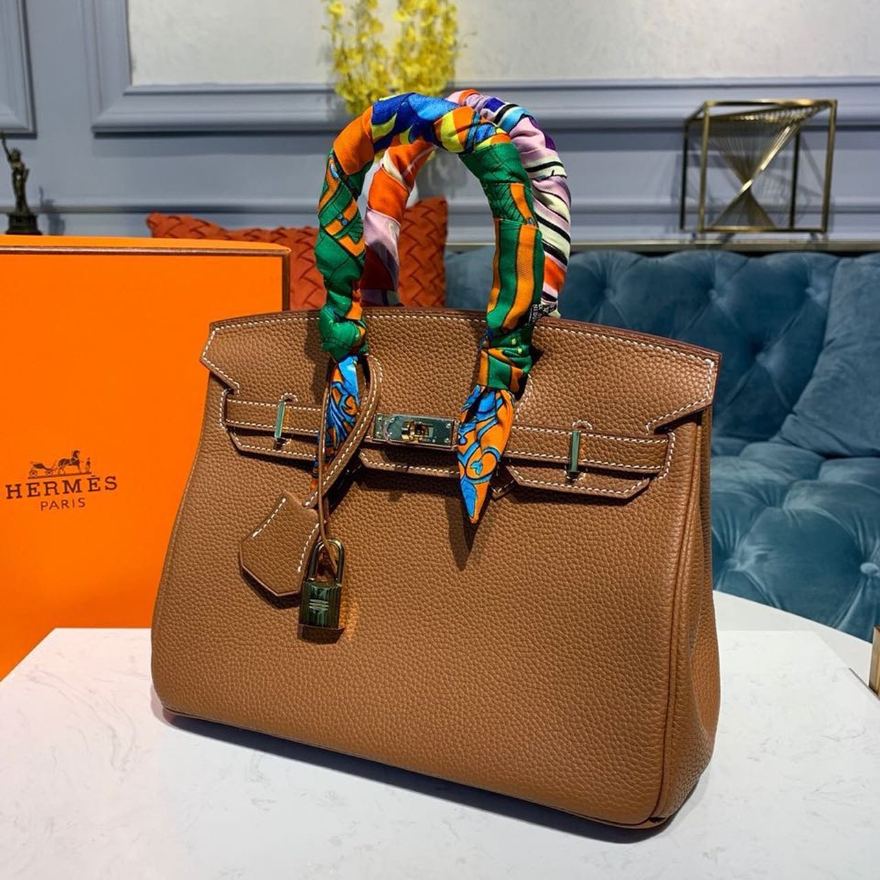 GLAMI Birkin Brown Semi Handstitched With Gold Toned Hardware For Women 30cm/11.8in