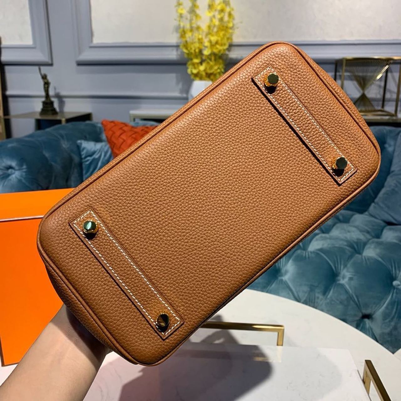 GLAMI Birkin Brown Semi Handstitched With Gold Toned Hardware For Women 30cm/11.8in