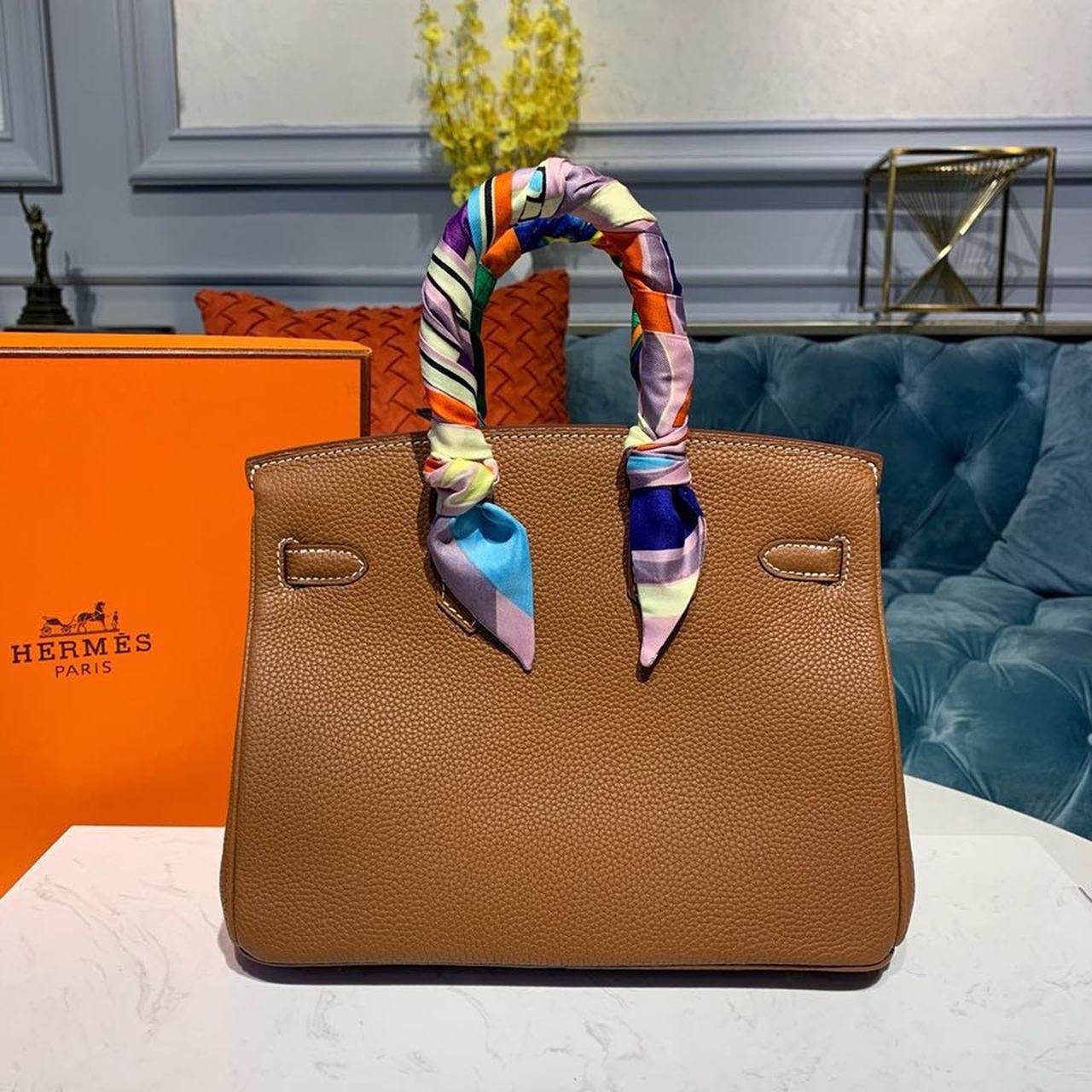 GLAMI Birkin Brown Semi Handstitched With Gold Toned Hardware For Women 30cm/11.8in