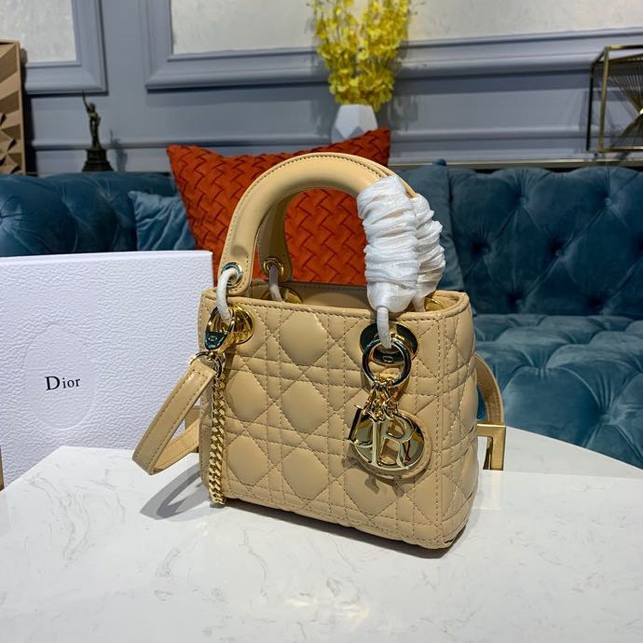 GLAMI Mini Lady Bag with Chain Gold Toned Hardware Pale Yellow For Women 6.5in/17cm CD