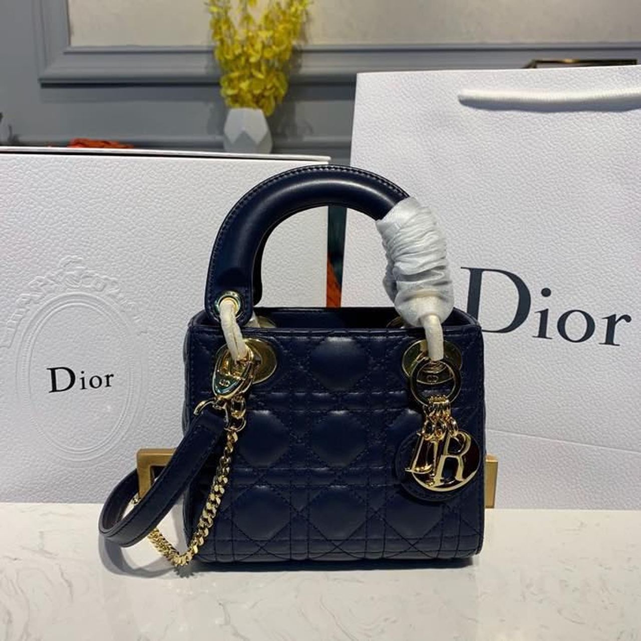 GLAMI Mini Lady Bag with Chain Gold Toned Hardware Navy Blue For Women 6.5in/17cm CD