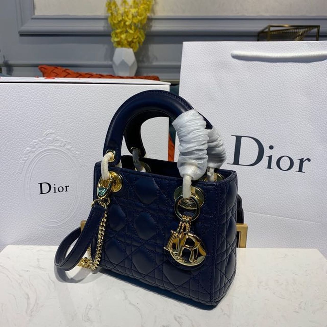 GLAMI Mini Lady Bag with Chain Gold Toned Hardware Navy Blue For Women 6.5in/17cm CD