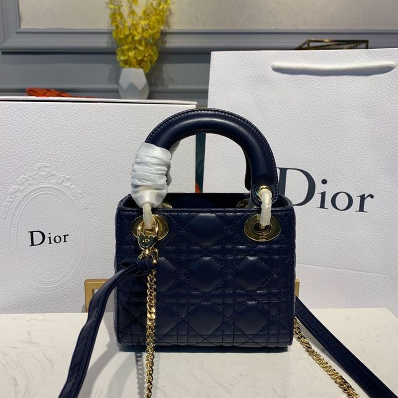 GLAMI Mini Lady Bag with Chain Gold Toned Hardware Navy Blue For Women 6.5in/17cm CD