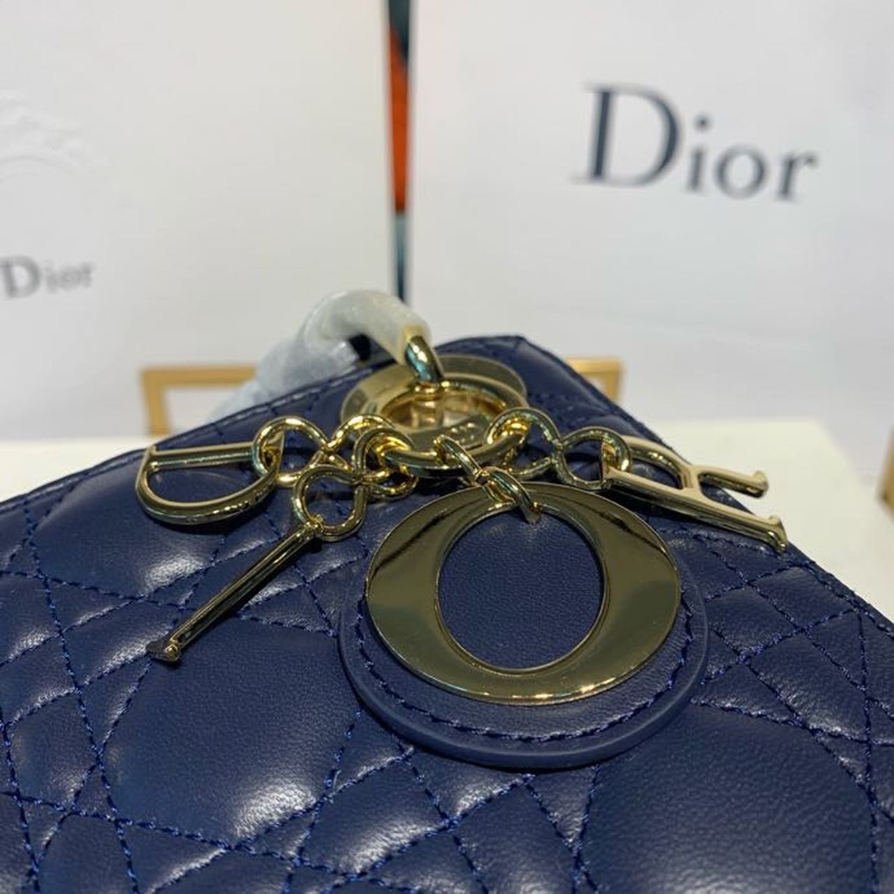 GLAMI Mini Lady Bag with Chain Gold Toned Hardware Navy Blue For Women 6.5in/17cm CD