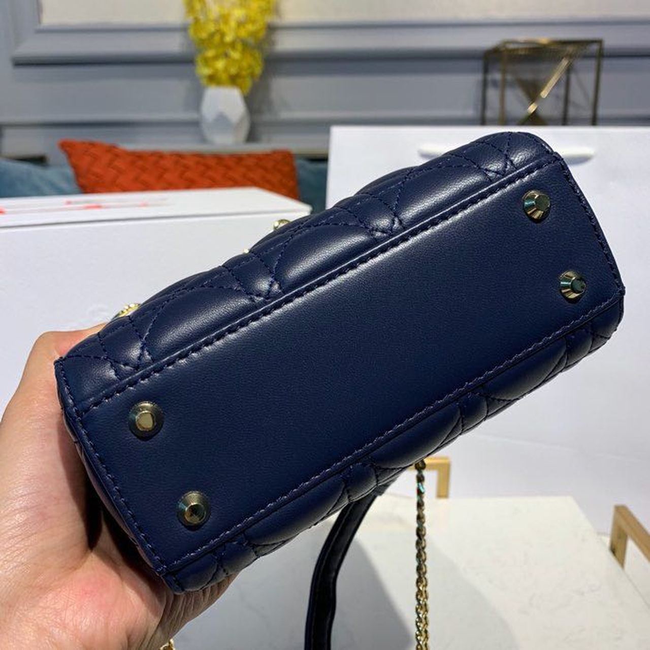 GLAMI Mini Lady Bag with Chain Gold Toned Hardware Navy Blue For Women 6.5in/17cm CD