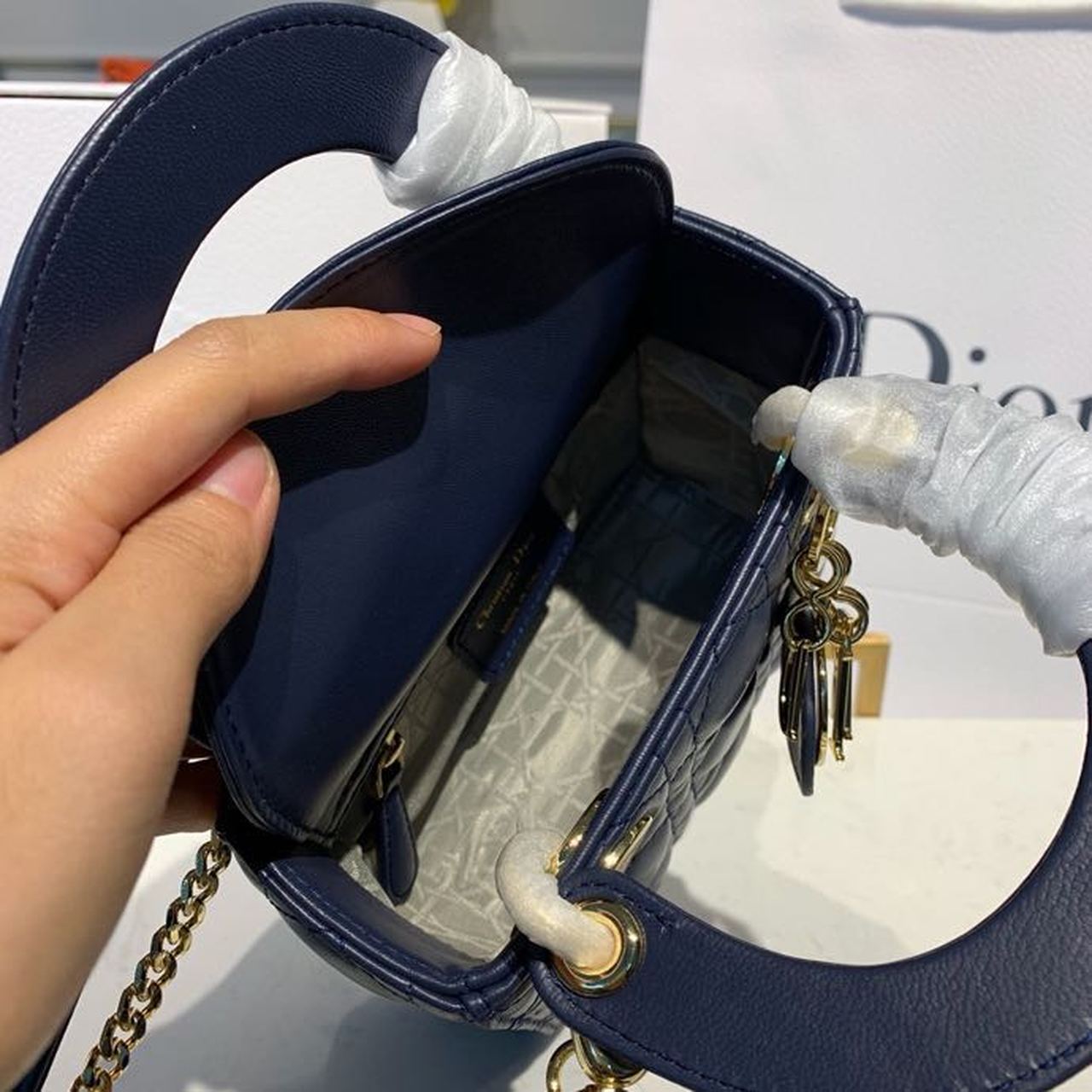 GLAMI Mini Lady Bag with Chain Gold Toned Hardware Navy Blue For Women 6.5in/17cm CD