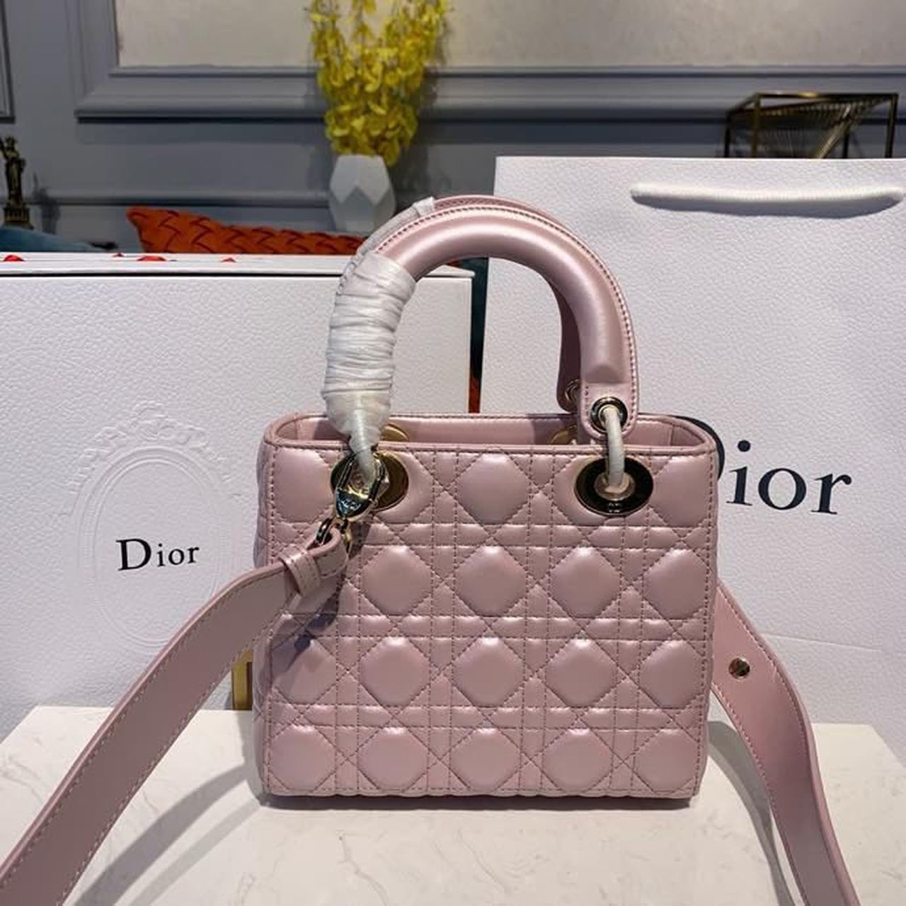 GLAMI Small Lady Bag Gold Toned Hardware Powder Pink Cannage Pink For Women 8in/20cm CD