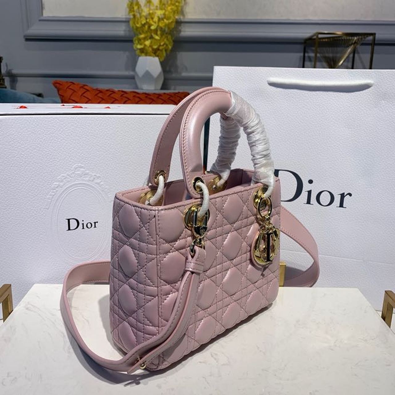 GLAMI Small Lady Bag Gold Toned Hardware Powder Pink Cannage Pink For Women 8in/20cm CD