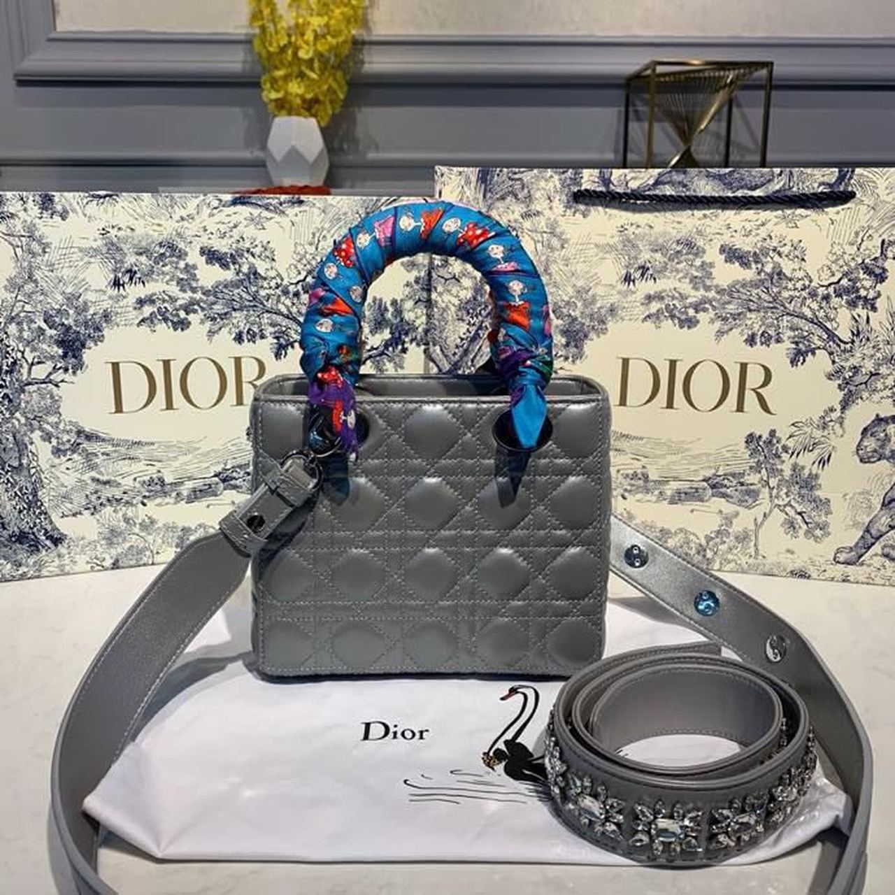 GLAMI Small Lady Bag Silver Hardware with Embellished Bag Strap Pearl Grey For Women 8in/20cm CD