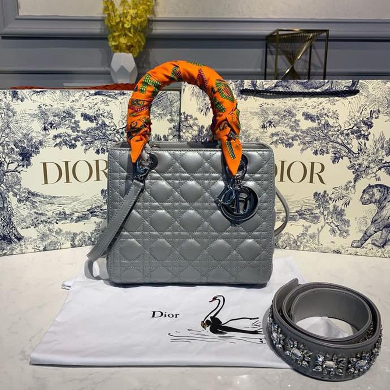 GLAMI MeGLAMIum Lady Bag Silver Hardware with Embellished Bag Strap Pearl Grey For Women 9.5in/24cm CD