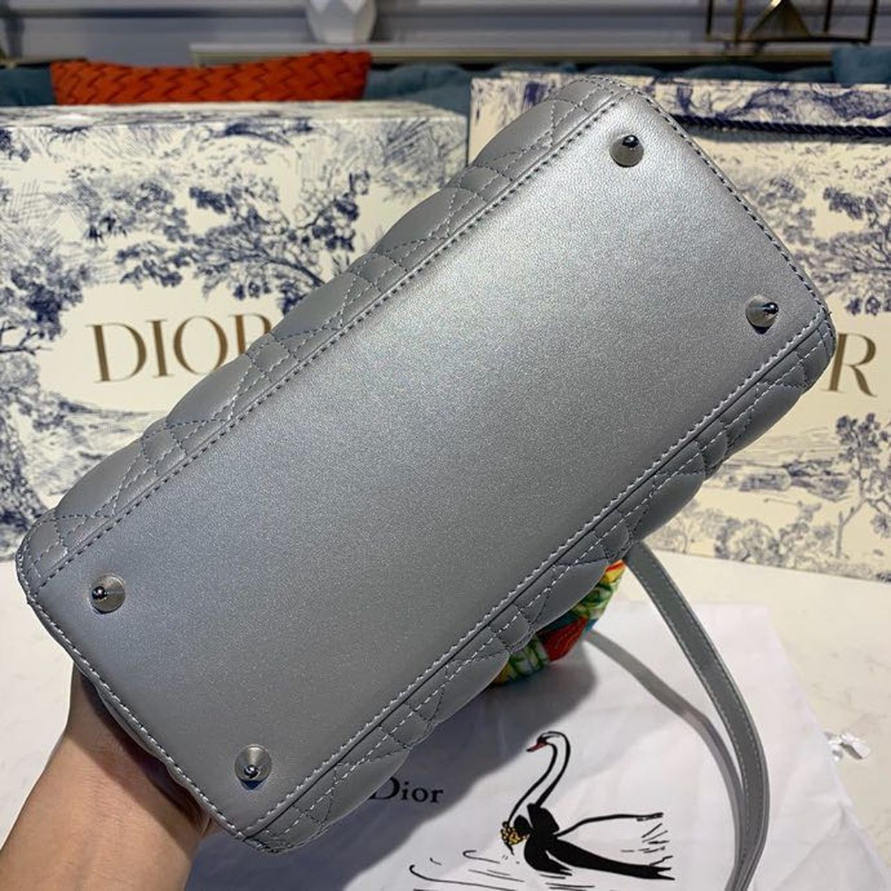 GLAMI MeGLAMIum Lady Bag Silver Hardware with Embellished Bag Strap Pearl Grey For Women 9.5in/24cm CD