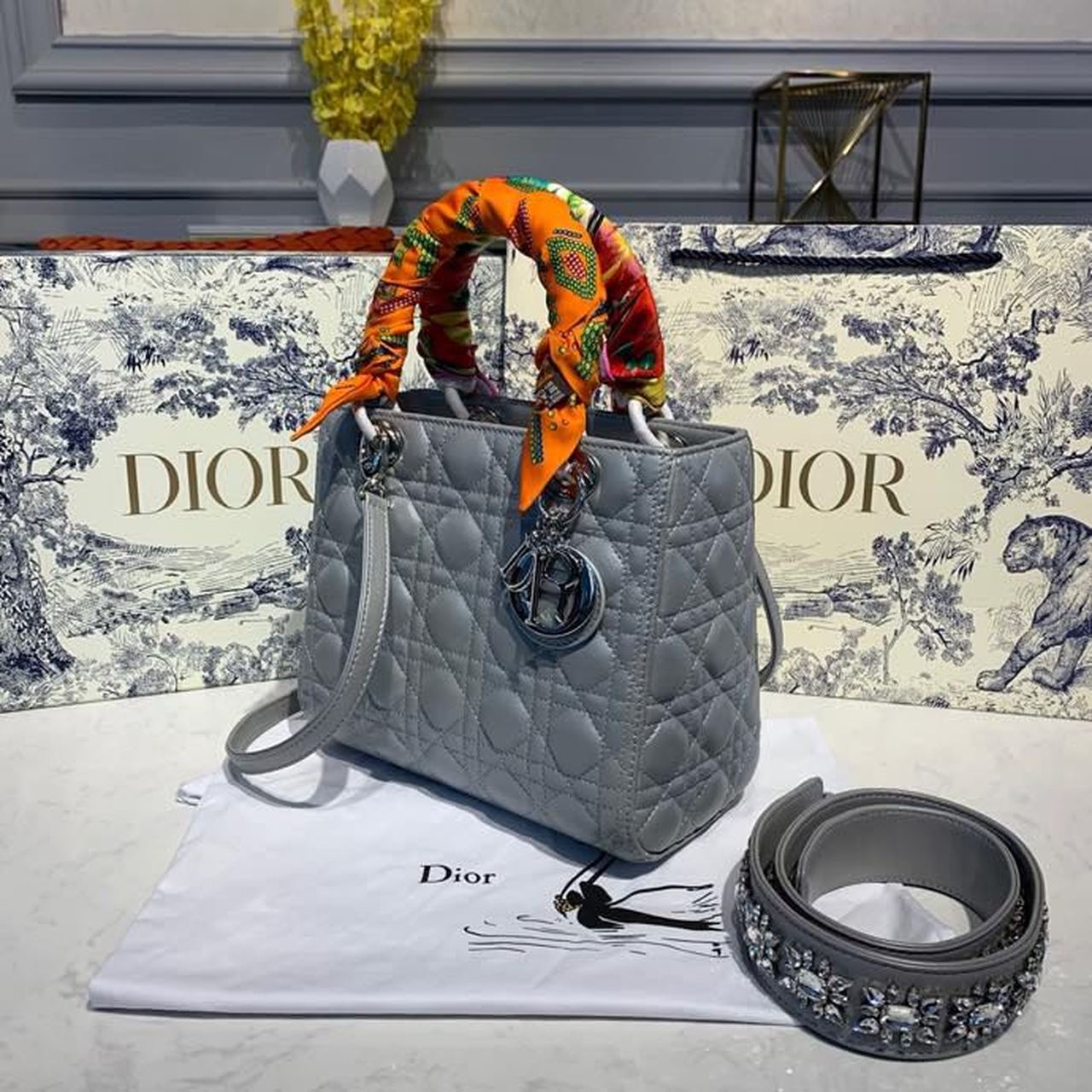 GLAMI MeGLAMIum Lady Bag Silver Hardware with Embellished Bag Strap Pearl Grey For Women 9.5in/24cm CD