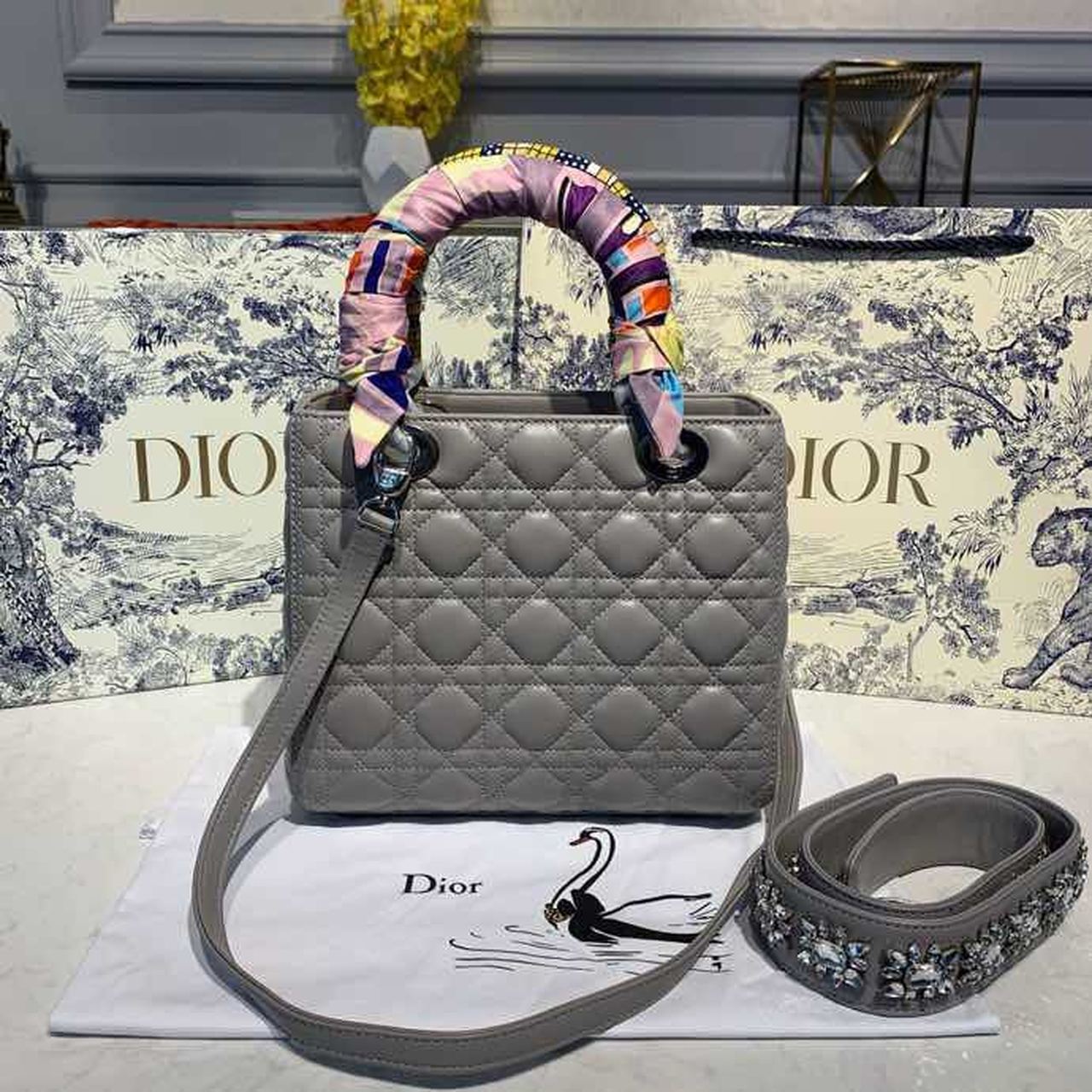 GLAMI MeGLAMIum Lady Bag Silver Hardware with Embellished Bag Strap Grey For Women 9.5in/24cm CD