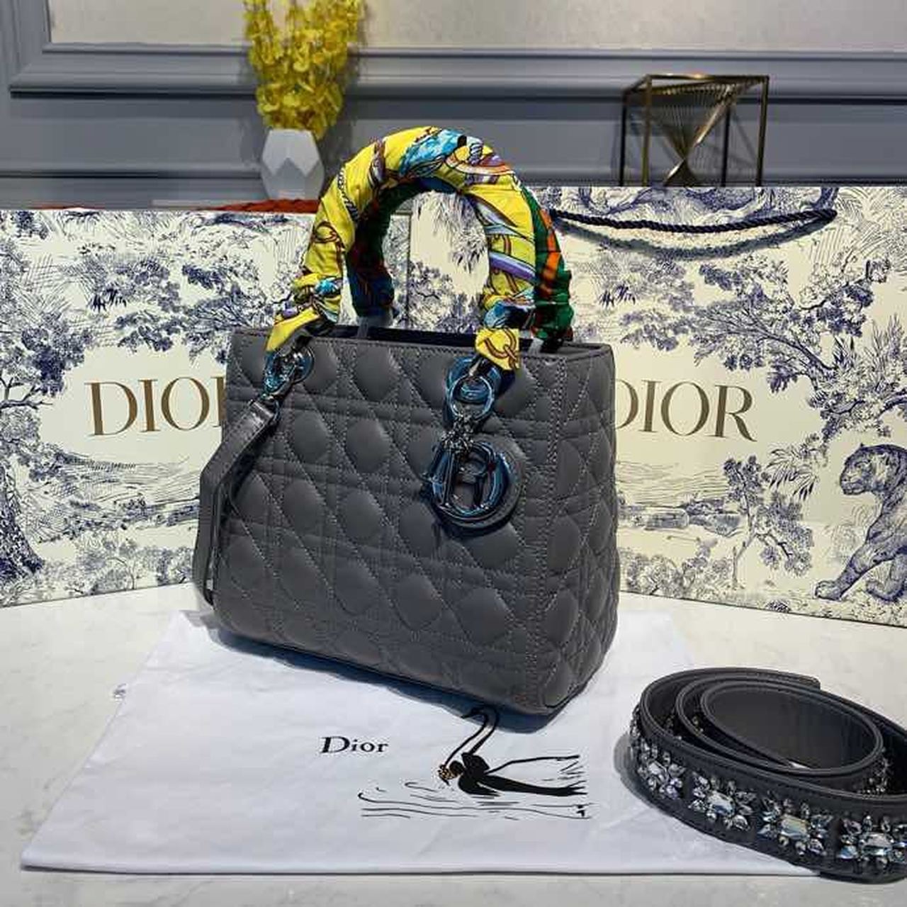 GLAMI MeGLAMIum Lady Bag Silver Hardware with Embellished Bag Strap Dark Grey For Women 9.5in/24cm CD