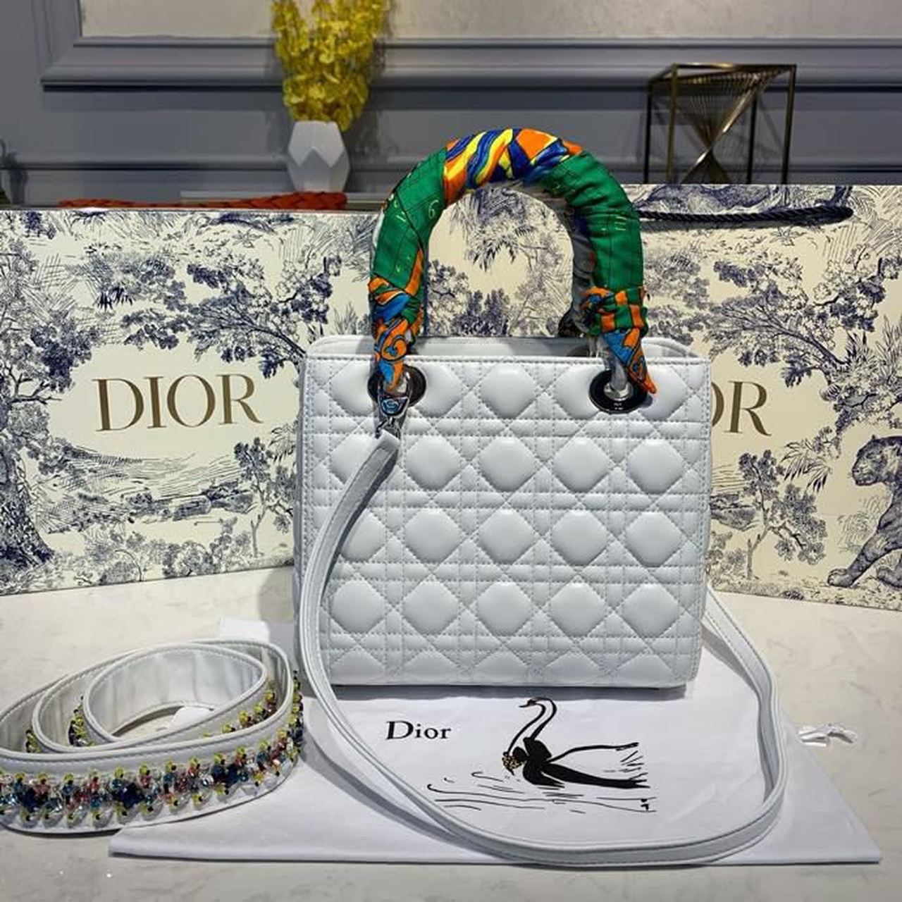 GLAMI MeGLAMIum Lady Bag Silver Hardware with Embellished Bag Strap White For Women 9.5in/24cm CD