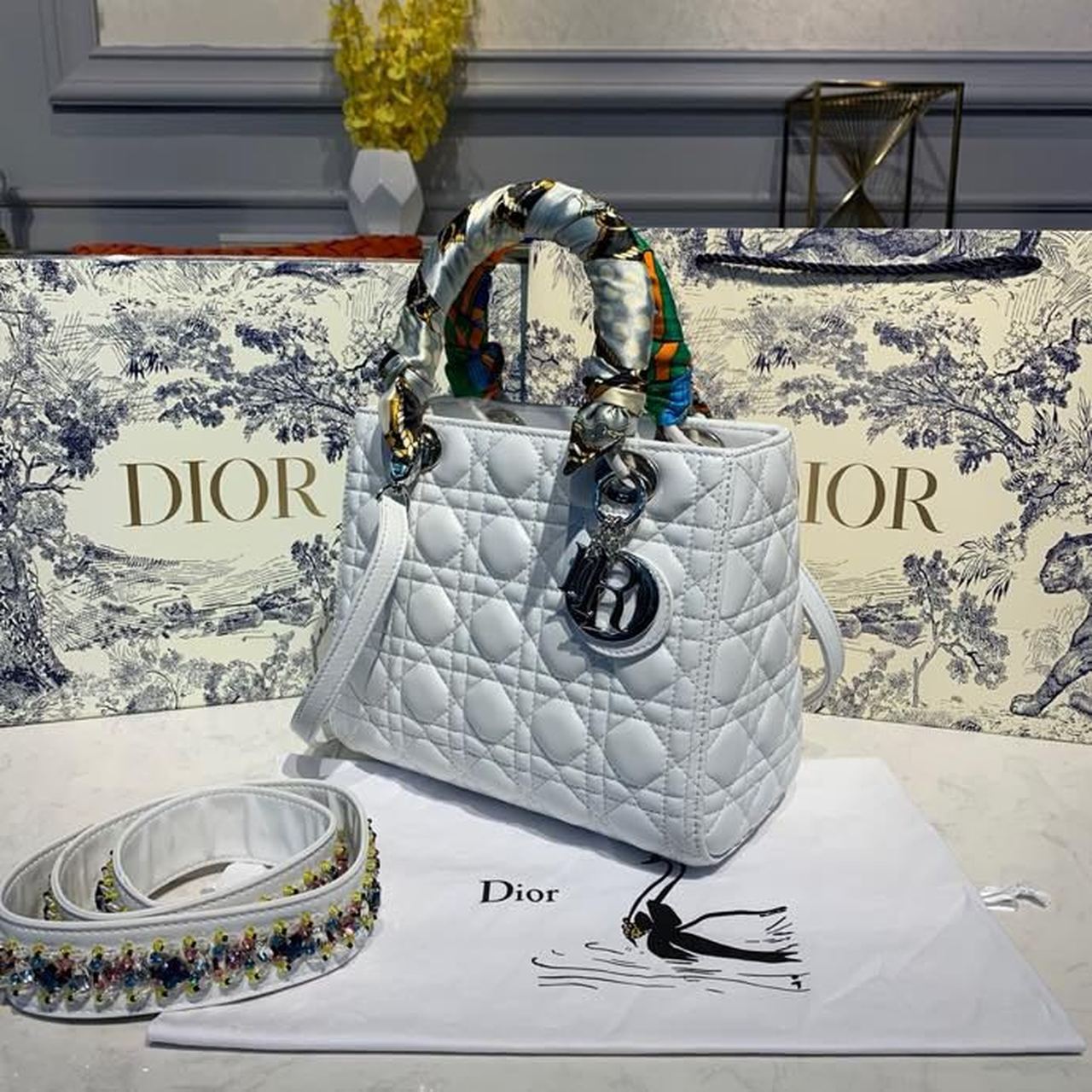 GLAMI MeGLAMIum Lady Bag Silver Hardware with Embellished Bag Strap White For Women 9.5in/24cm CD
